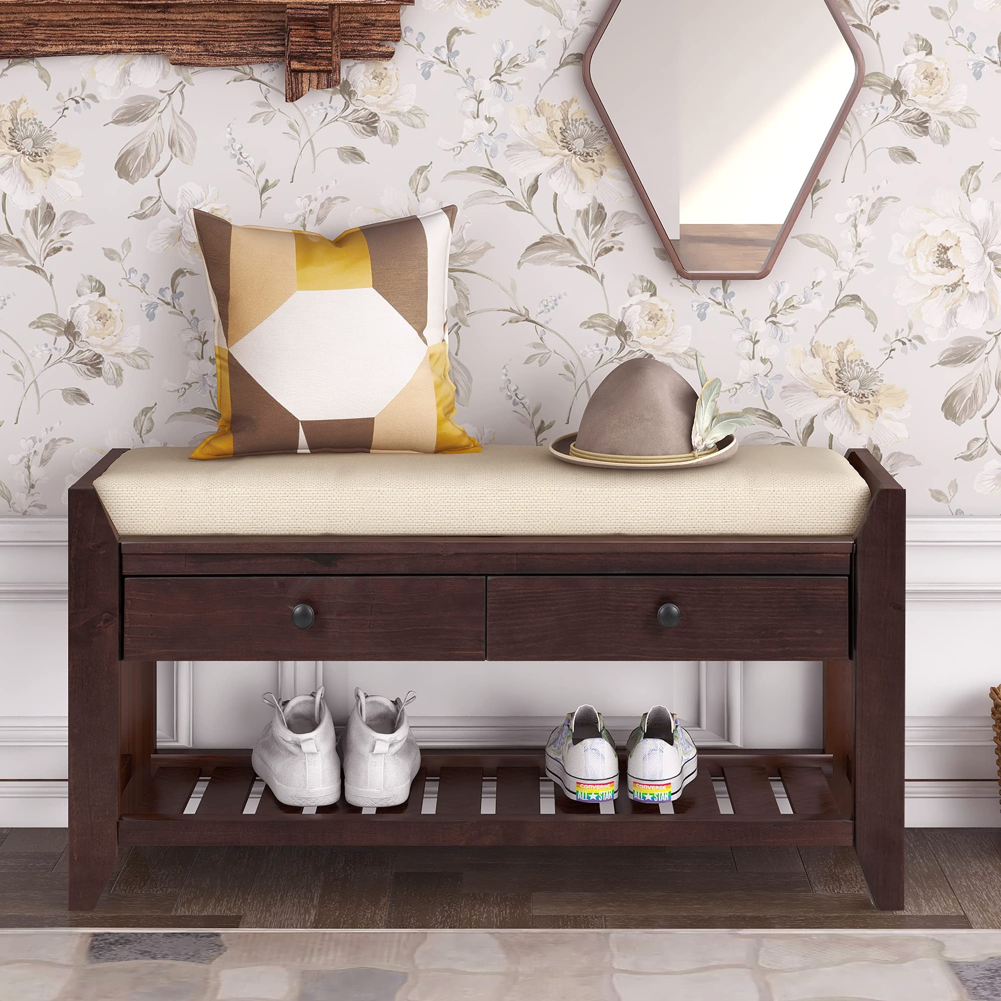 Quarte Farmhouse Shoe Bench with Cushioned Seat & Drawers - Solid Wood Entryway Storage Bench for Hallway, Living Room & Dining Room - Espresso Finish (Perfect for Organizing Shoes, Coats & Home Decor)