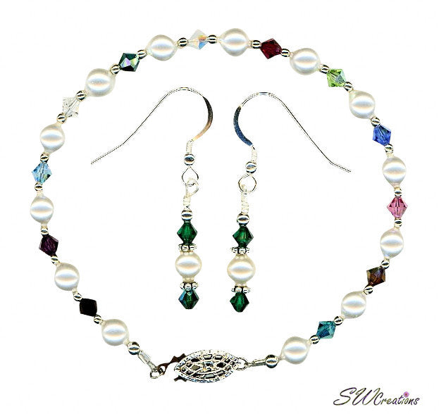 Birthstone Crystal Pearl Jewelry Set - Elegant Necklace, Bracelet & Earrings for Women | Perfect Gift for Birthday, Anniversary & Special Occasions | Ideal for Everyday Wear, Parties & Formal Events