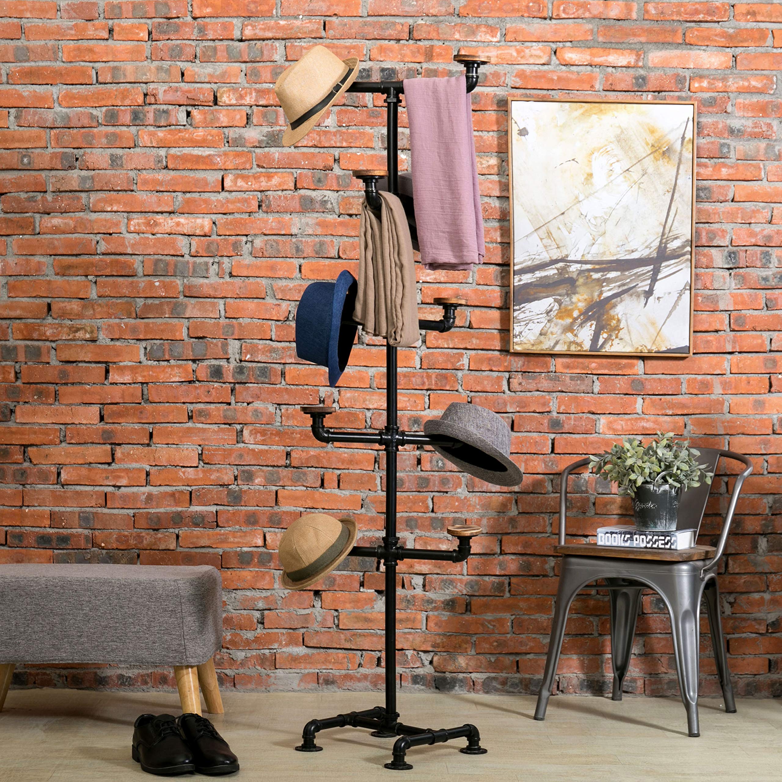 MyGift Industrial Black Metal Pipe Hat Rack Stand with 10 Rustic Wood Hangers - Decorative Hat Tree for Hats, Caps & Wigs - Perfect for Bedroom, Entryway or Salon Organization