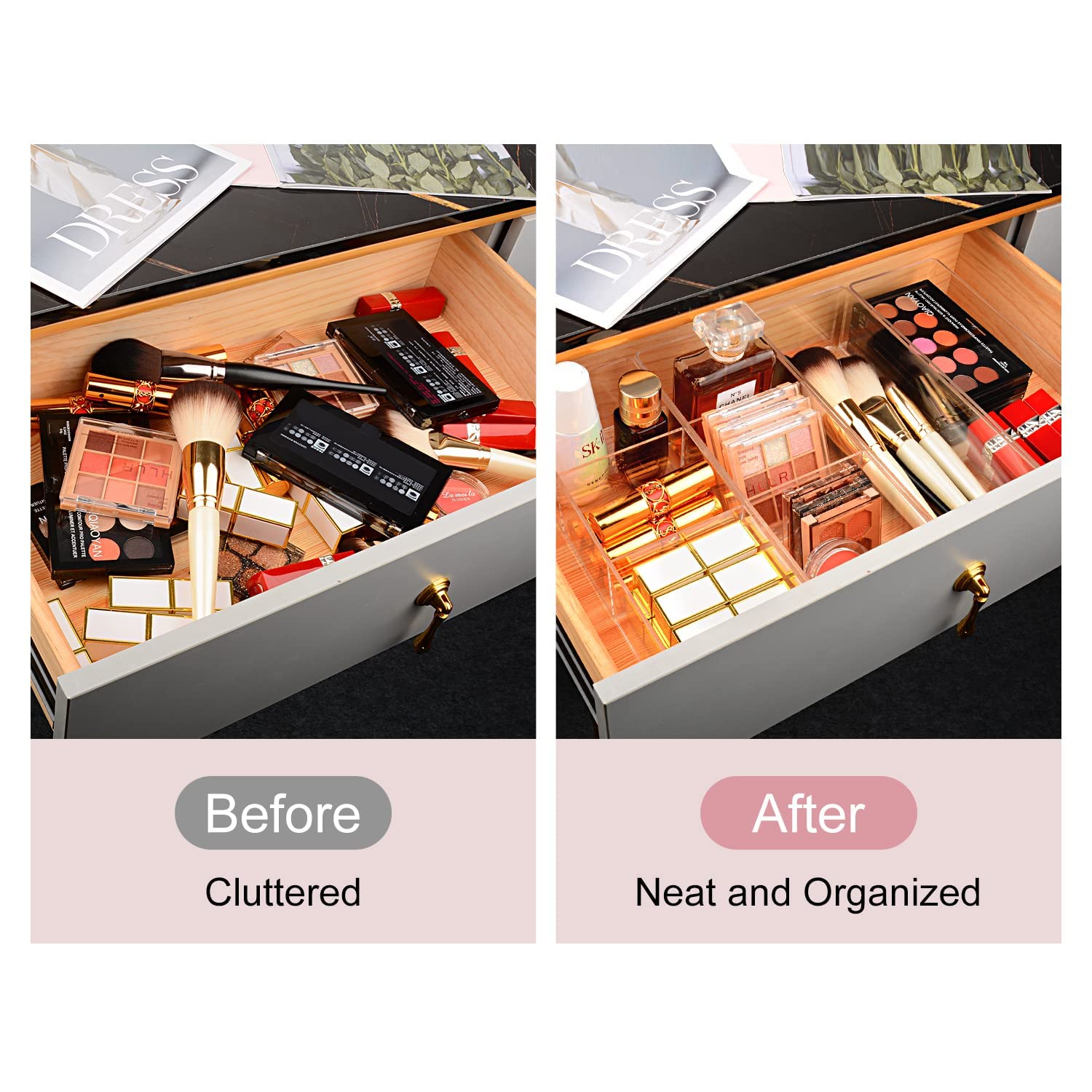 JessLab Acrylic Makeup Organizer Set (2-Pack) - 1+3 Compartment Drawer & Countertop Storage for Cosmetics, Jewelry, Office Supplies - Perfect for Vanity, Bathroom, Kitchen & Cabinet Organization