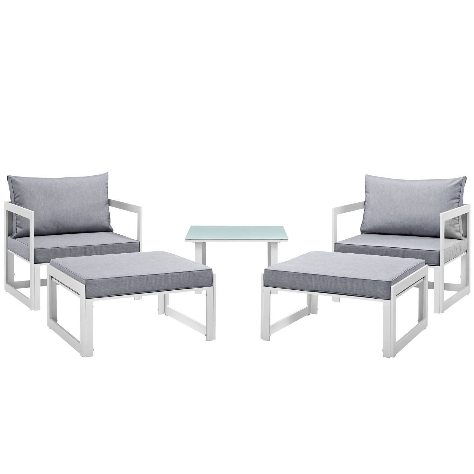 Modern Urban Contemporary 5-Piece Outdoor Patio Sectional Sofa Set with White Grey Fabric & Steel Frame - Perfect for Backyard, Poolside, and Garden Lounge