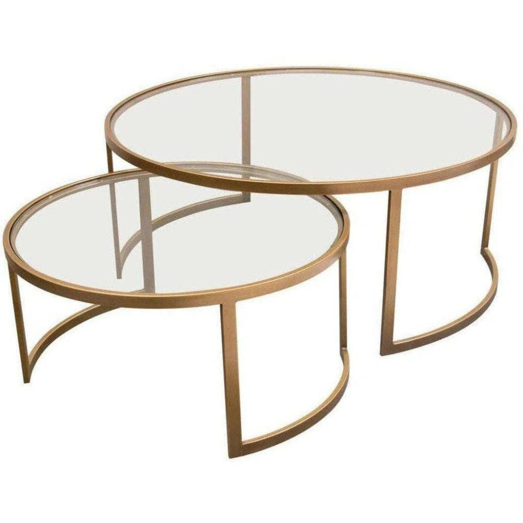 2PC Round Nesting Table Set with Gold Frame & Clear Glass Tops - Modern Side Tables for Living Room, Bedroom, or Office Decor
