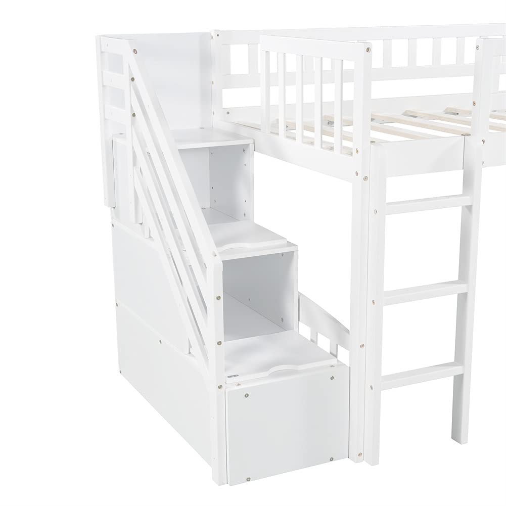 **Kids Wooden Loft Bed with Stairs & Storage - Twin Size Space-Saving Low Bunk Bed Frame (White) - Perfect for Small Bedrooms, Dorms, or Playrooms**