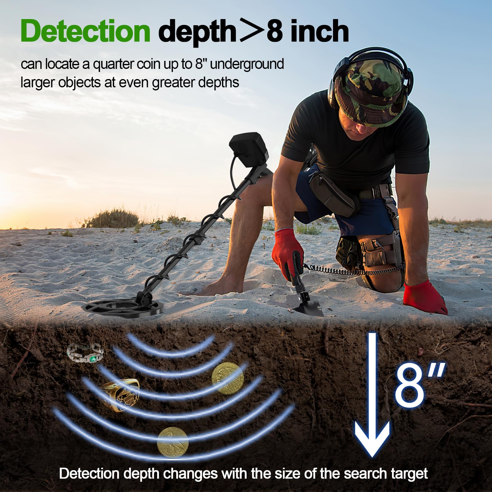 OMMO Professional Metal Detector for Adults - Adjustable Stem, 6 Detection Modes, High Accuracy Gold Detector with IP68 Waterproof Coil | Perfect for Beach Treasure Hunting, Coin Shooting & Outdoor Adventures