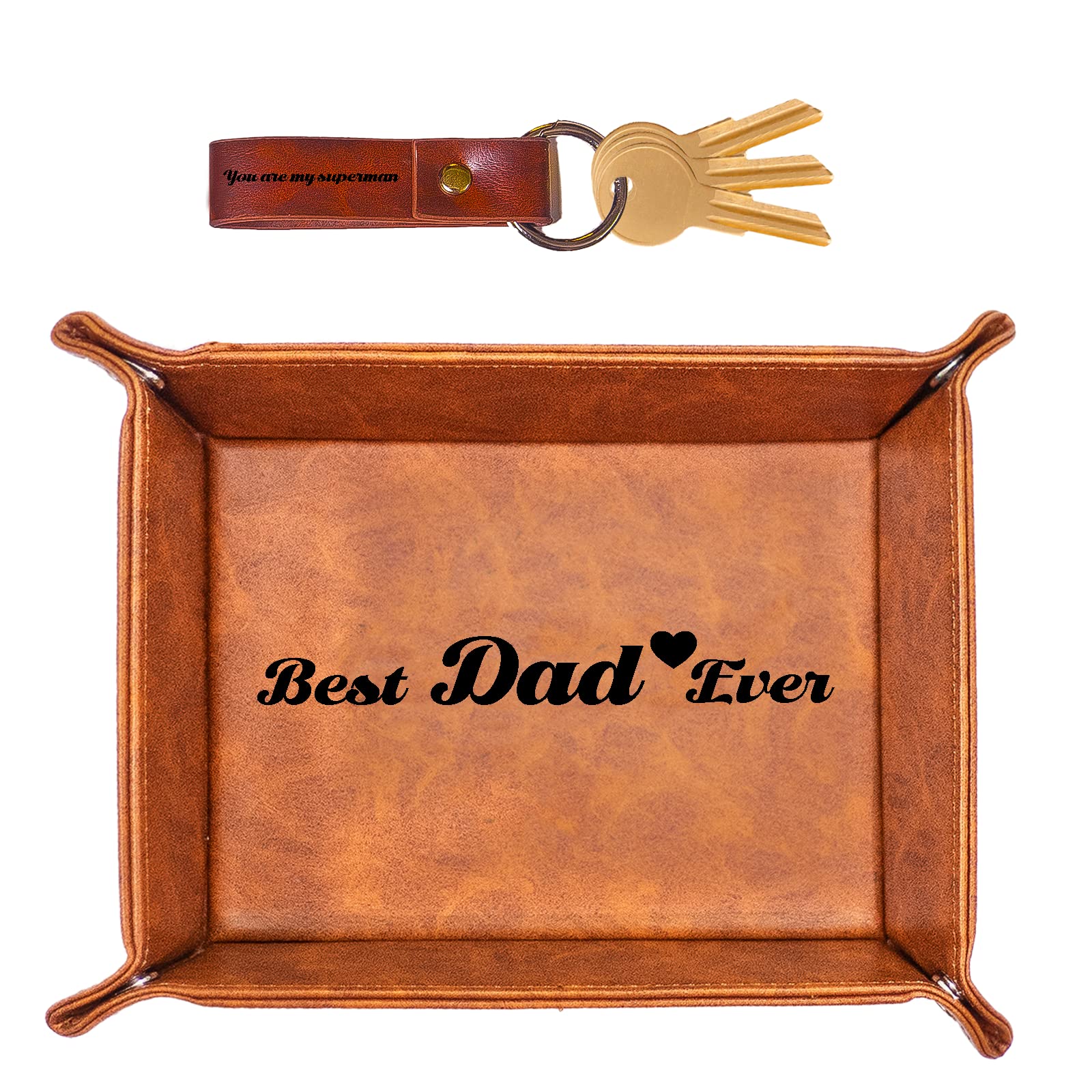 Best Dad Ever PU Leather Tray & Keychain Set - Unique Father's Day, Birthday & Christmas Gifts for Dad from Daughter, Son or Wife - Perfect for Home Organization & Key Storage (Gift for Husband, New Dad)