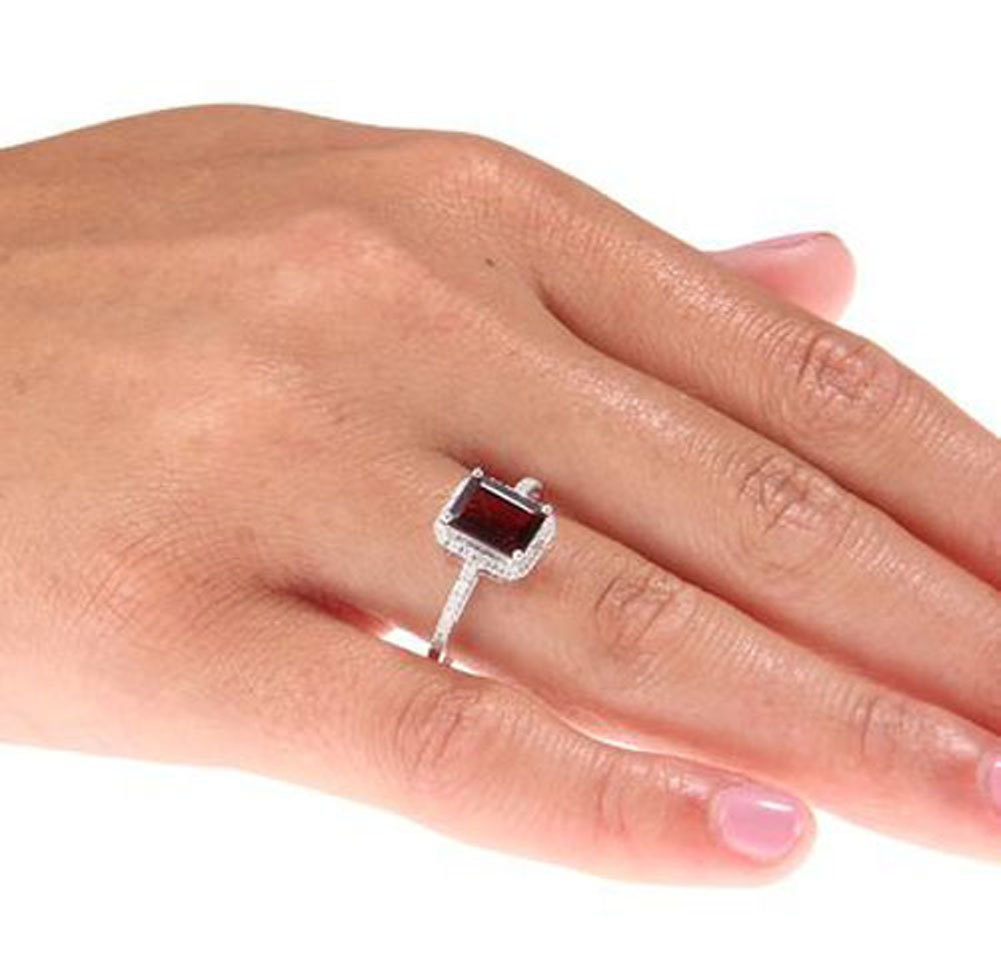 10K White Gold Emerald-Cut Garnet and Diamond Halo Ring for Women - Elegant Birthstone Jewelry Gift for Anniversary, Engagement or Special Occasion