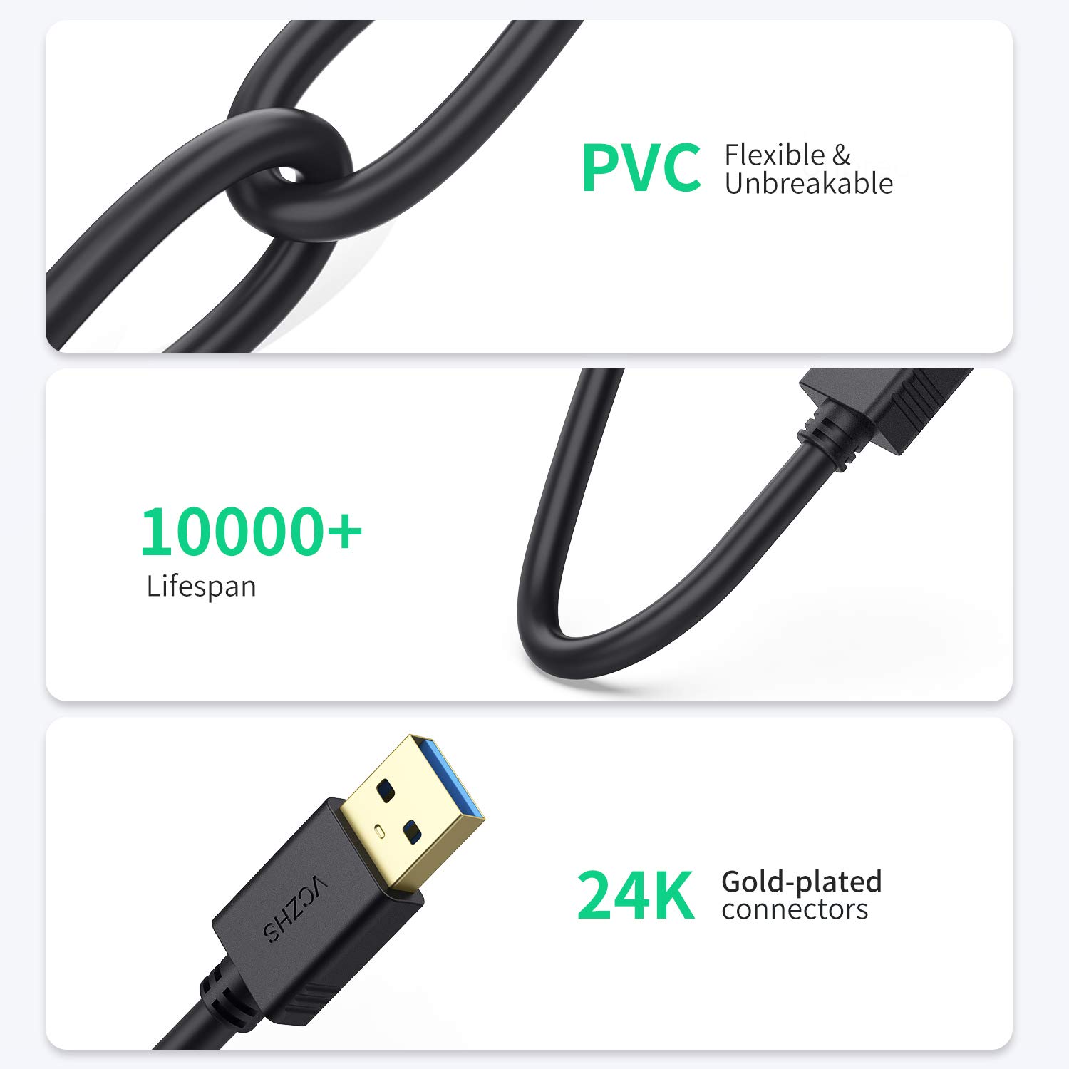 VCZHS USB 3.0 Extension Cable (2 Pack, 3.3FT) - Male to Female Extender for Flash Drive, Keyboard, Mouse, Printer, Webcam - High Speed Data Transfer for Home & Office Use