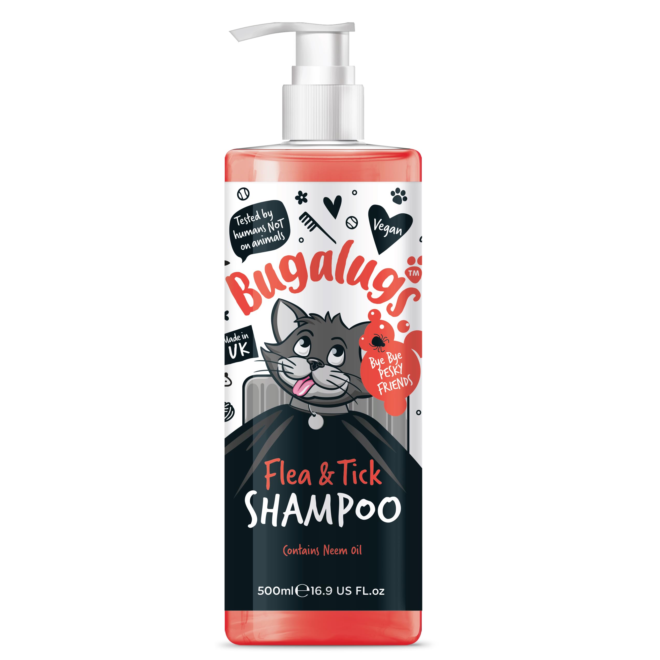 Bugalugs Flea & Tick Shampoo for Cats - 500ml Natural Neem Oil Formula | Deep Cleansing Cat Shampoo Kills Fleas, Ticks & Mites | pH Balanced Vegan Pet Care | Perfect for Bathing & Grooming Anxious Cats