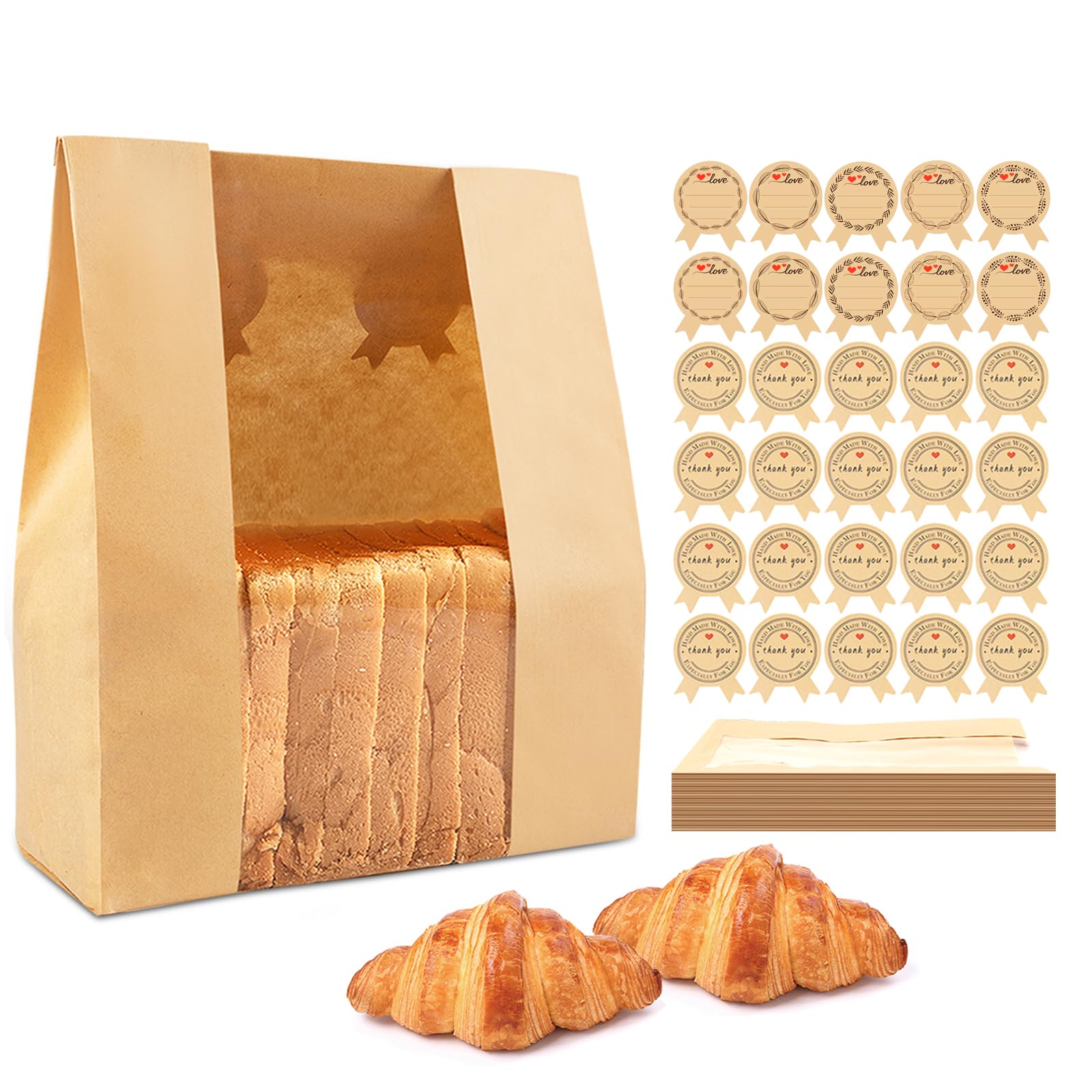 KEQ 50-Pack Large Paper Bread Bags with Window for Homemade Sourdough - Includes 60 Cute Sealing Stickers (10 Write-On) - Perfect for Home Bakers & Bakery Owners - Ideal for Fresh Bread Storage, Gift Packaging & Farmers Market Sales