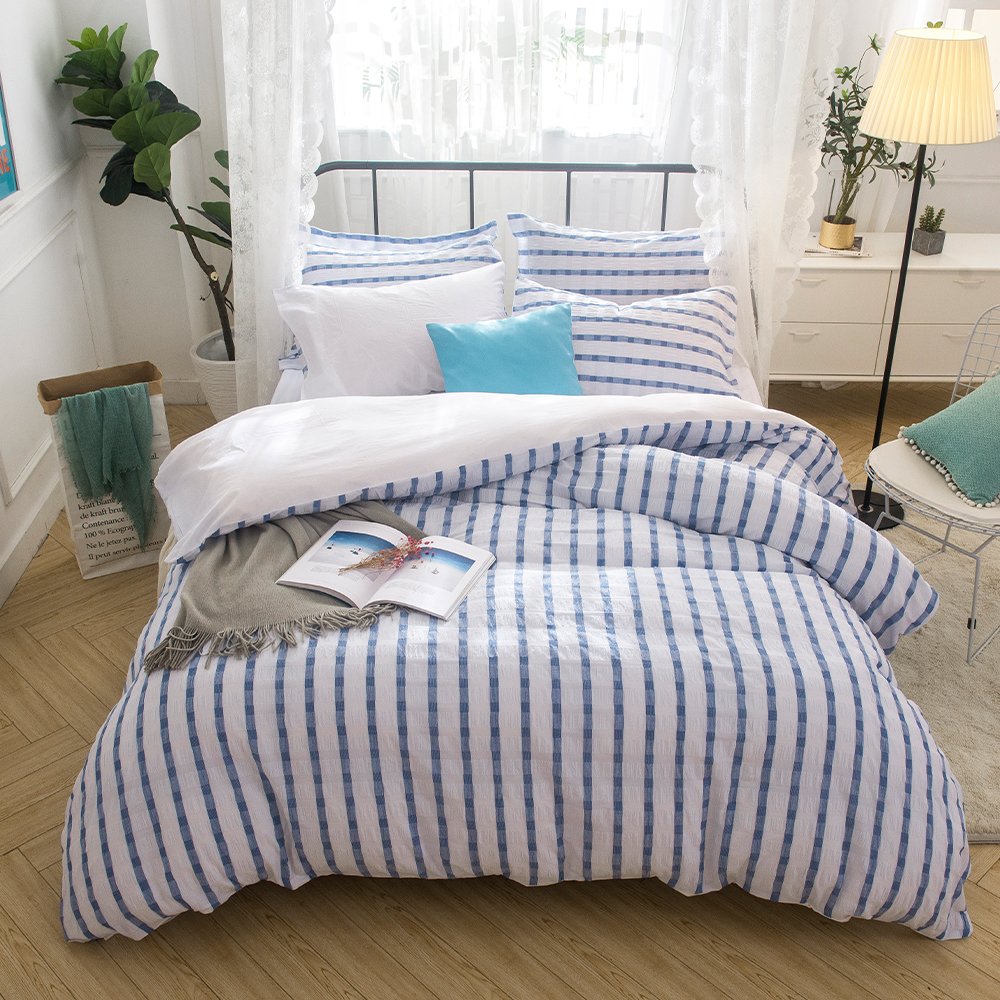 Merryfeel Cotton Seersucker Duvet Cover Set - Navy Striped for Full/Queen Bed | Home & Bedroom Decor