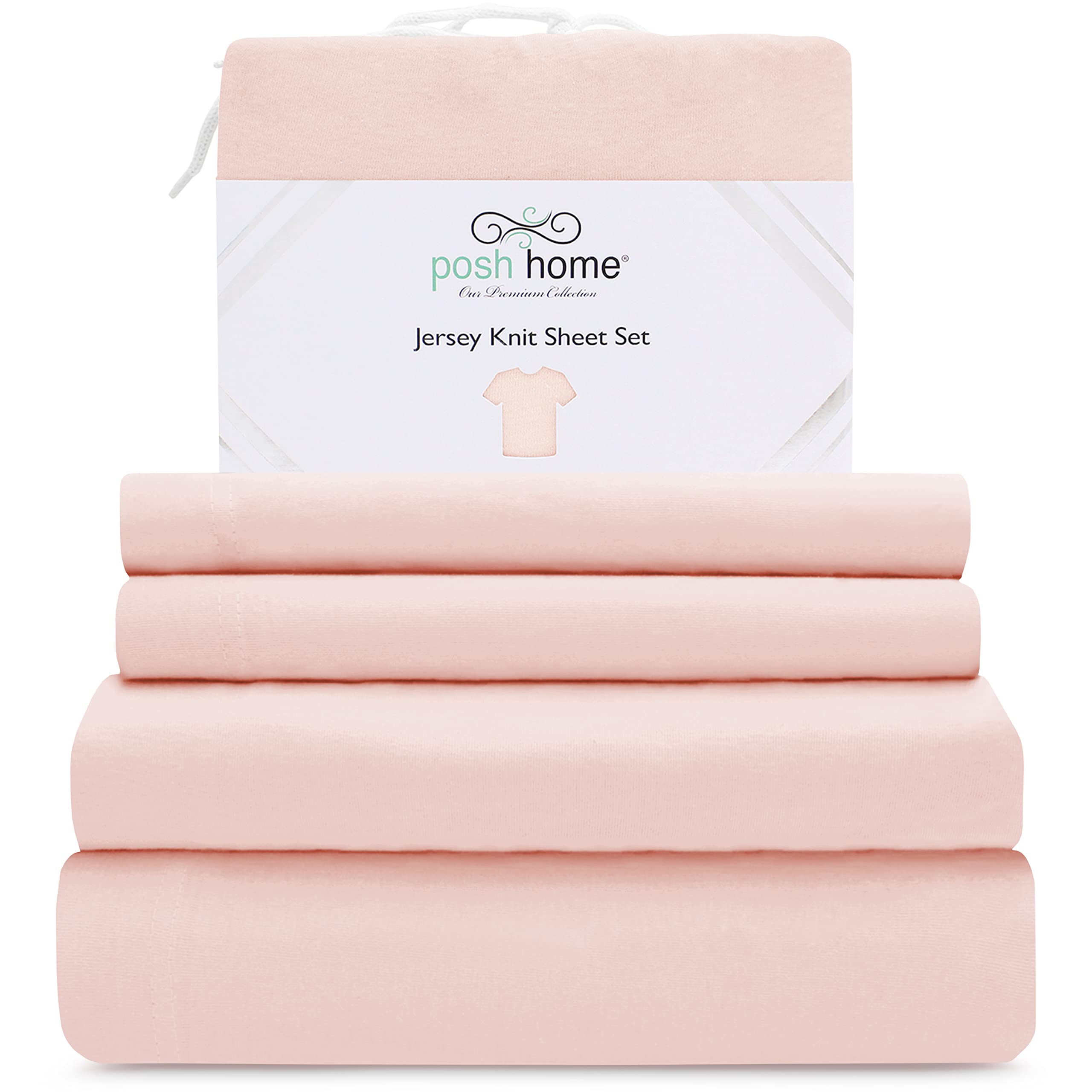 Posh Home Jersey Knit Sheet Set – 3-Piece Soft & Breathable Cotton Jersey Bed Sheets for Twin Size – Includes Flat Sheet, Fitted Sheet & Pillowcase – Blush Color – Perfect for Cozy Nights, Guest Rooms & Dorm Essentials