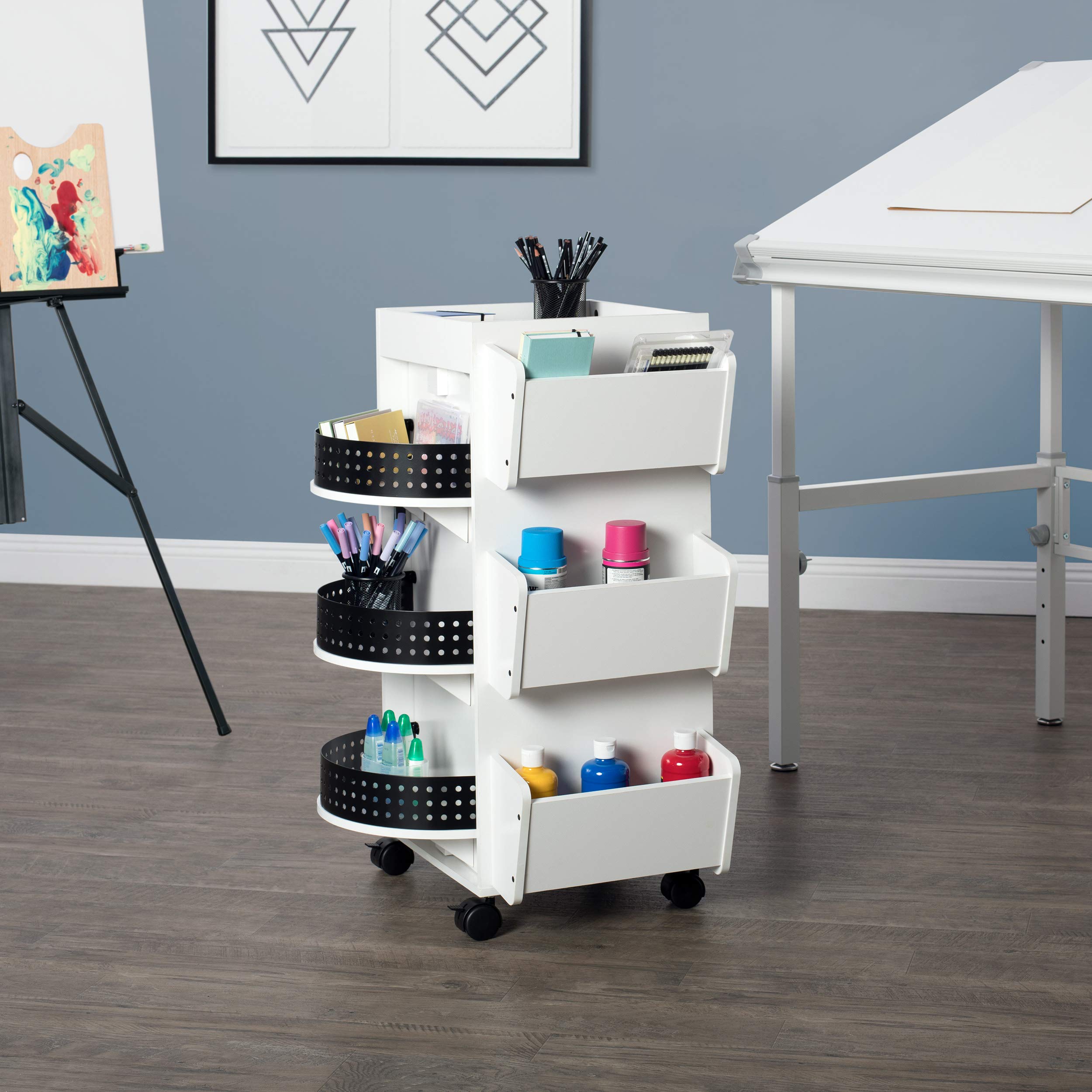 Studio Designs Swivel Organizer - White | 360° Rotating Desktop Storage for Office Supplies, Makeup, or Craft Tools | Perfect for Home Office, Beauty Vanity & Workspace Organization