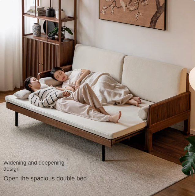 Premium Black Walnut & Oak Solid Wood Foldable Sofa Bed - Convertible Sleeper Couch for Small Spaces, Guest Rooms & Apartments