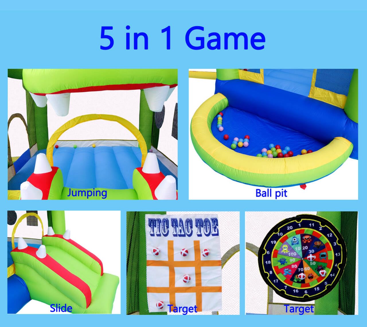 Inflatable Bounce House with Slide - Kids Jumping Castle with Blower & Ball Pit - Outdoor Water Slide & Dart Target Game for Birthday Parties, Backyard Fun, Summer Activities