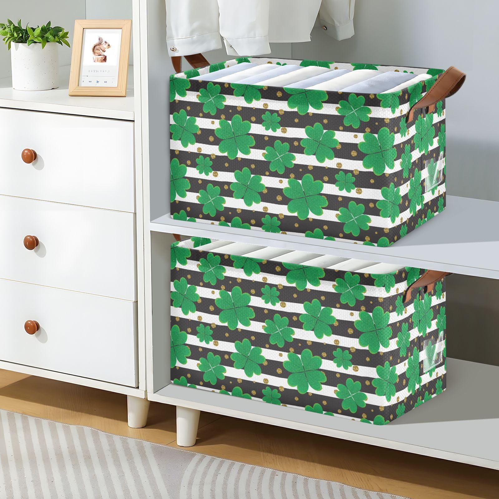 St. Patrick's Day Shamrock Black White Striped Foldable Storage Basket with Handles & Labels - Collapsible Organizer Bin for Home, Room, Shelves - Large Decorative Cube Baskets (2 Pack) - Perfect for Holiday Decor, Gift Giving & Home Organization