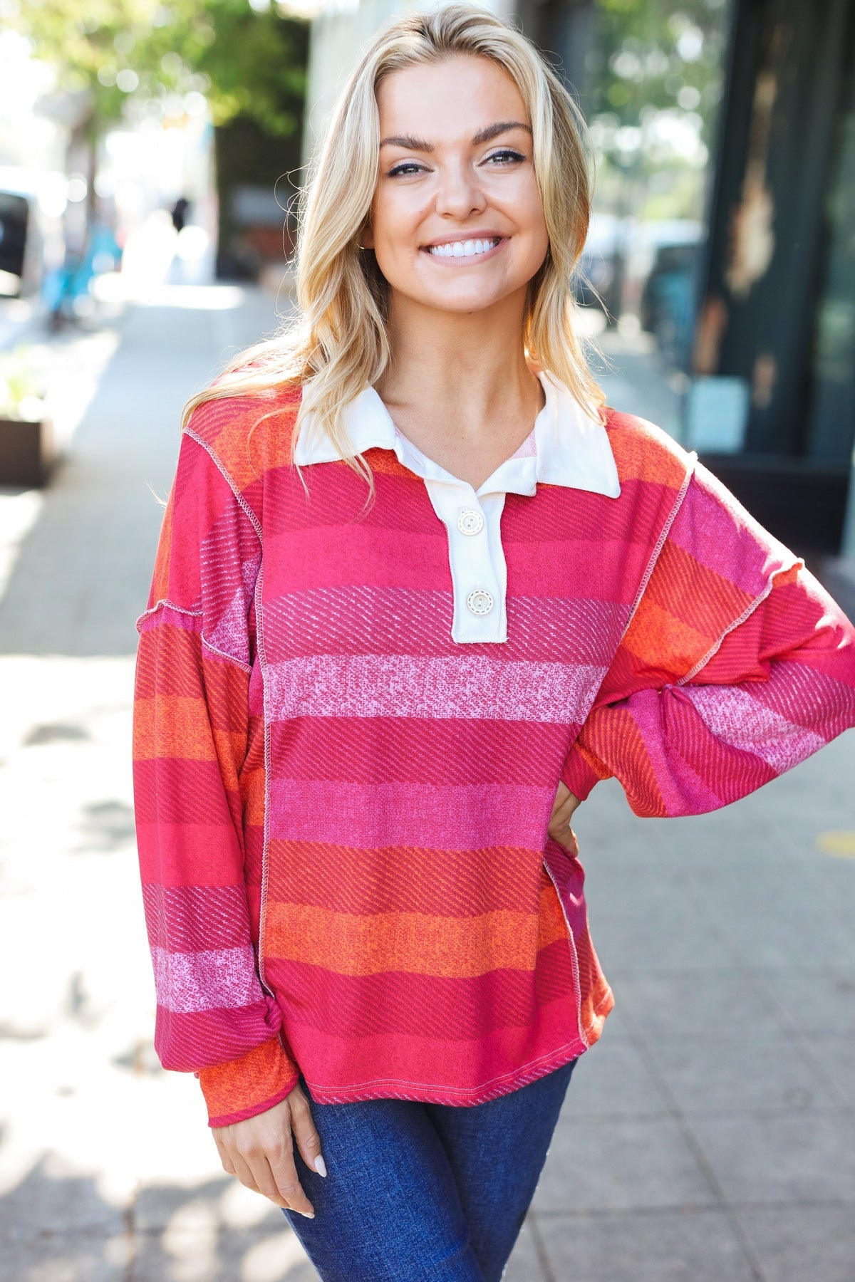 Bold Magenta Striped Button-Down Shirt with Placket Collar - Stylish Casual Wear for Work, Outings & Date Nights