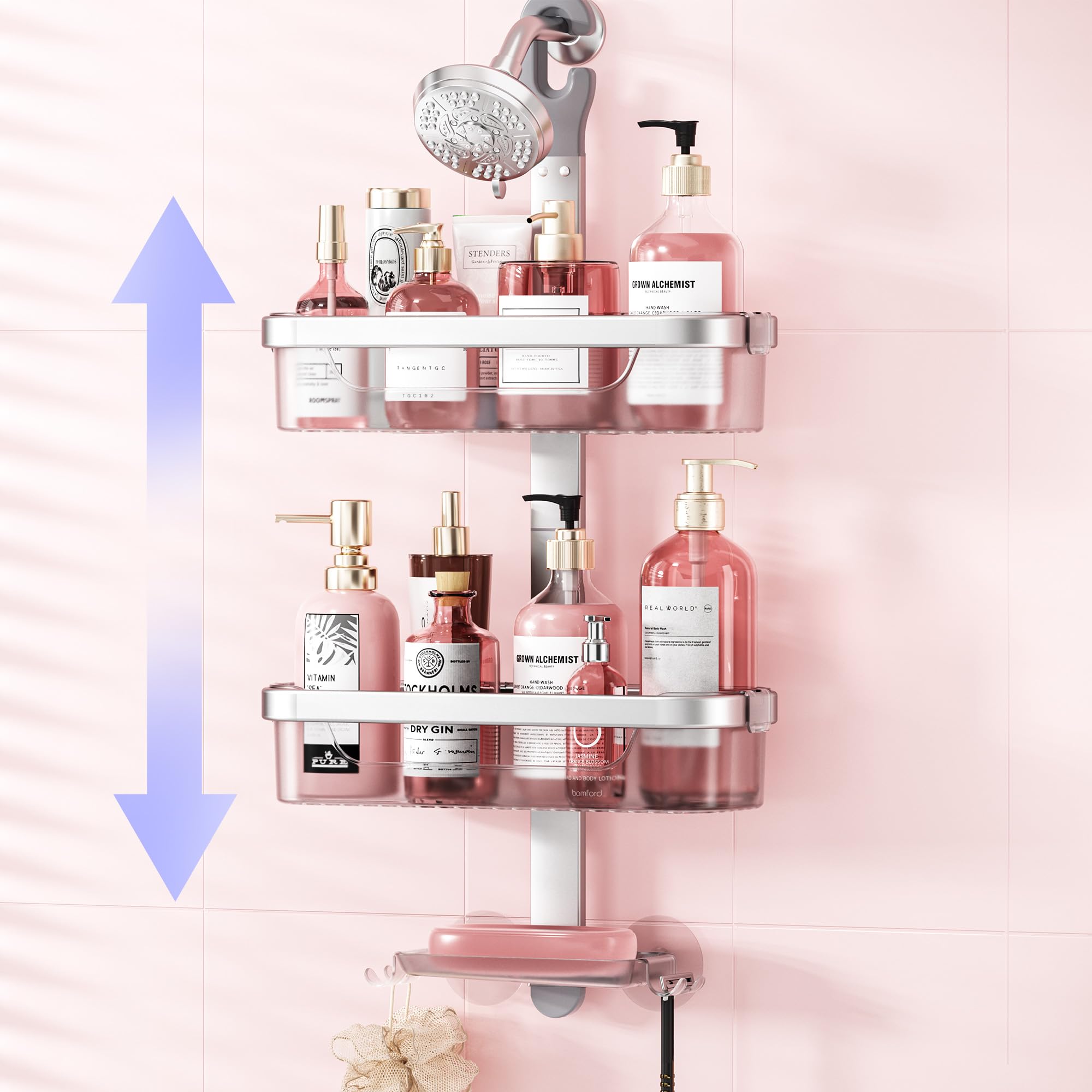 LAMU Adjustable Shower Caddy Hanging Organizer - 3-Tier Rust-Proof Aluminum Alloy + ABS Bathroom Storage with Hooks, Razor Holder & Soap Dish - Perfect for Small Spaces, Apartment & Dorm Showers (Silver)
