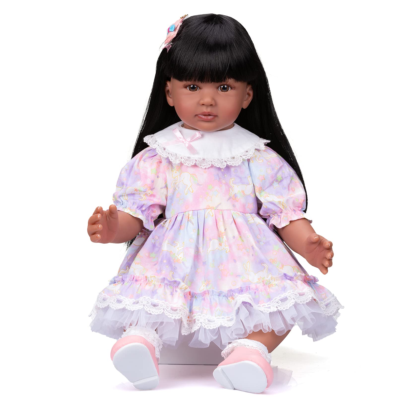 24 Inch Reborn Toddler Girl Doll - Cute Princess Doll with Dark Tan Skin & Beautiful Dress - Collectible Toy for Christmas & Birthday Gifts - Perfect for Pretend Play, Nursery Decor & Doll Collectors