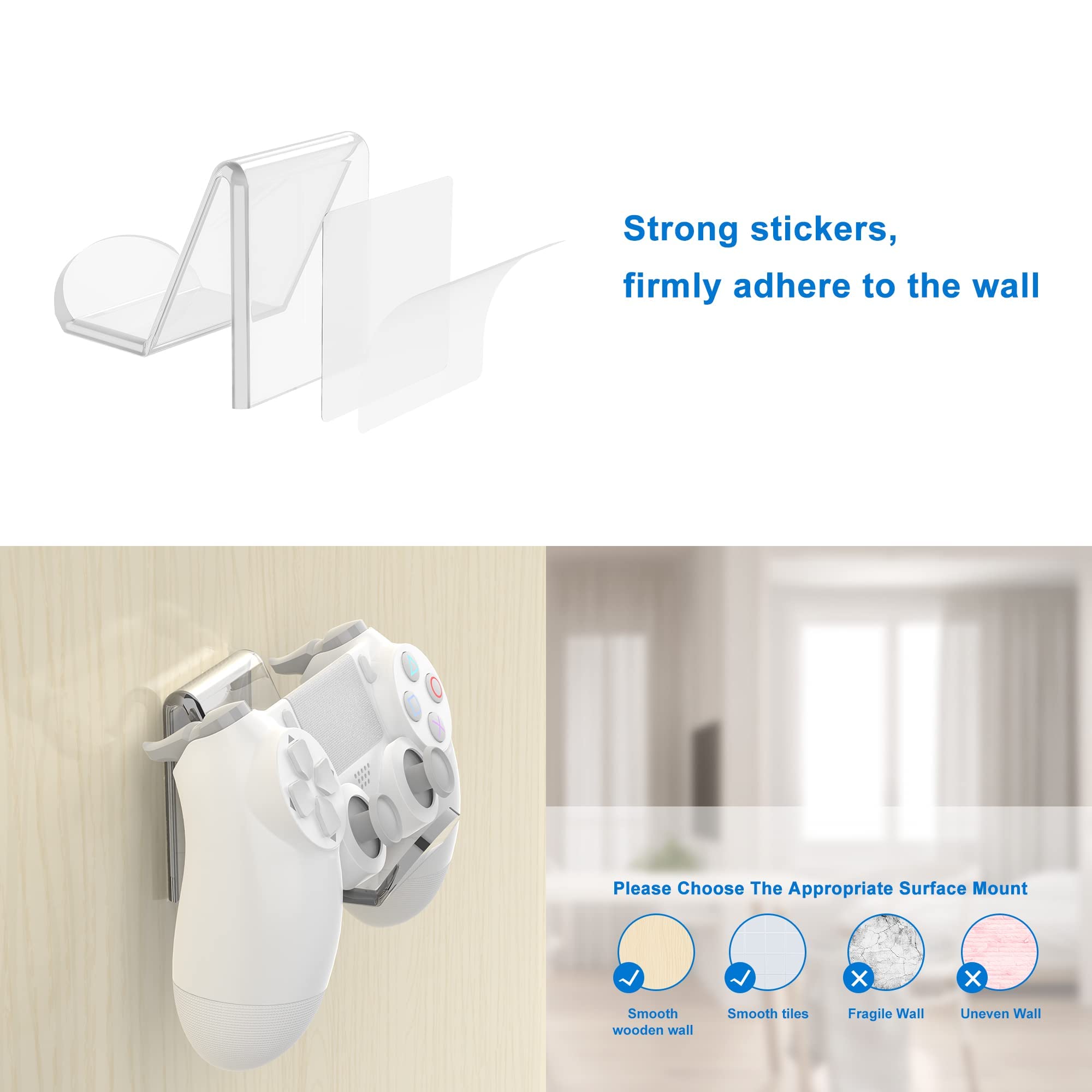2-Pack Universal Game Controller & Headset Wall Mount Holder - No Screws, Easy Install for PS5, PS4, Xbox - Perfect Gaming Accessory for Organized Gaming Setup (White)