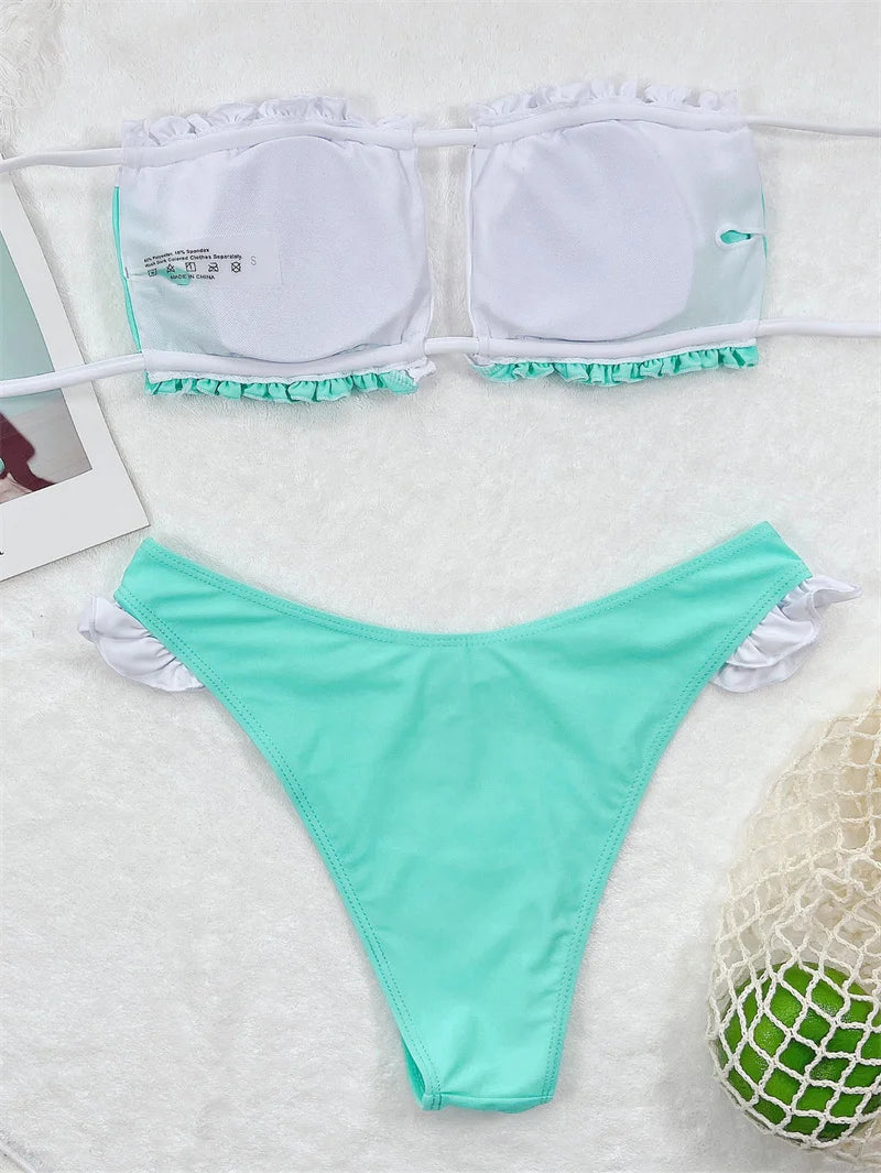 Women's Bandeau Pleated Ruched Bikini Set - Green Patchwork Two Piece Swimwear | Perfect for Beach Vacation, Pool Party & Summer Getaways