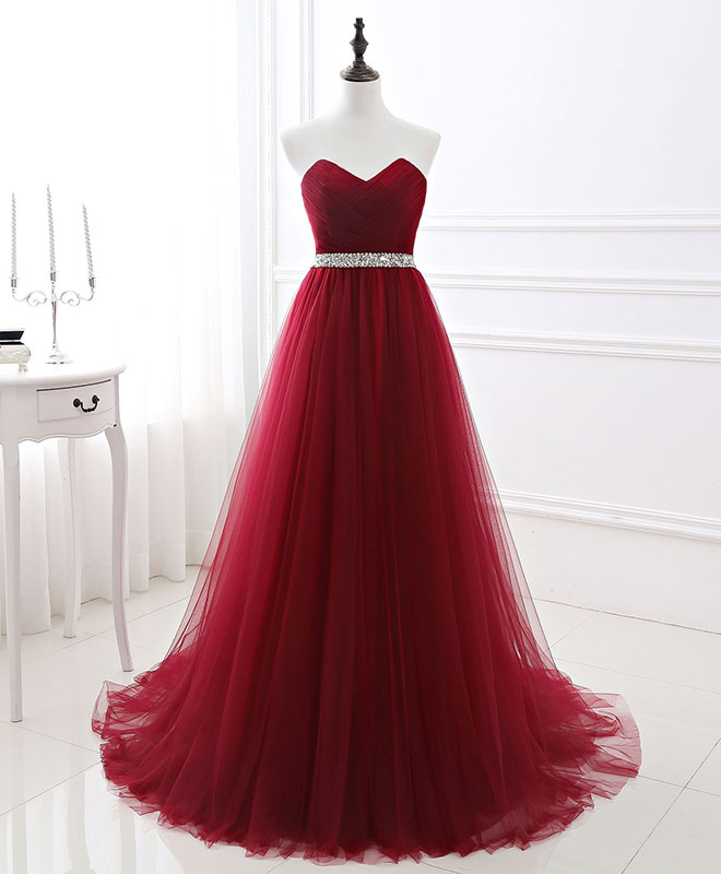 Elegant Burgundy Sweetheart Neck Tulle Long Prom Gown - Formal Evening Dress for Homecoming, Wedding, and Special Occasions