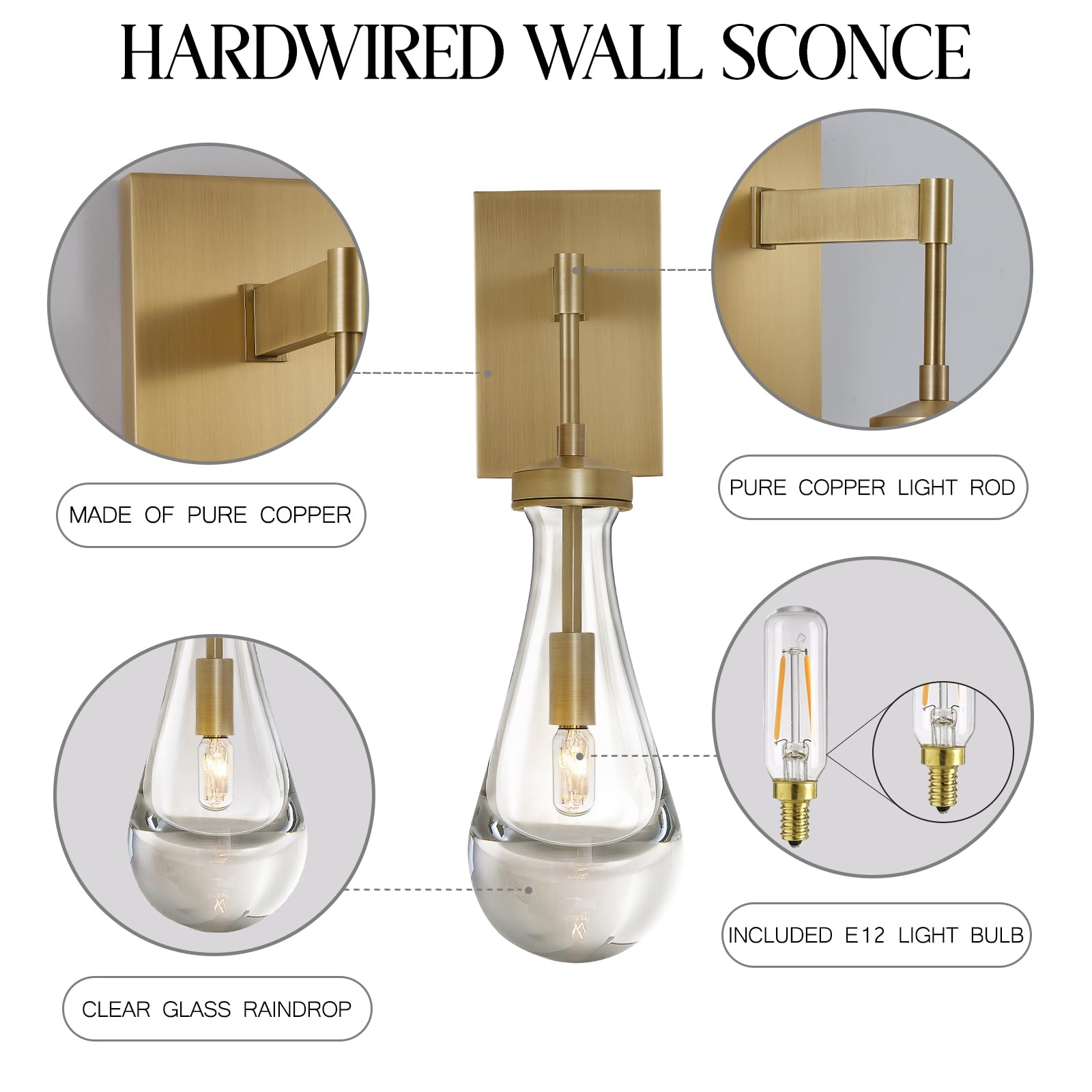 Set of 2 Brass Wall Sconces - Gold Raindrop Wall Lamps with Clear Glass for Stairway, Bedroom & Bathroom Lighting - Includes Bulbs - Perfect for Vanity, Hallway and Luxury Home Decor