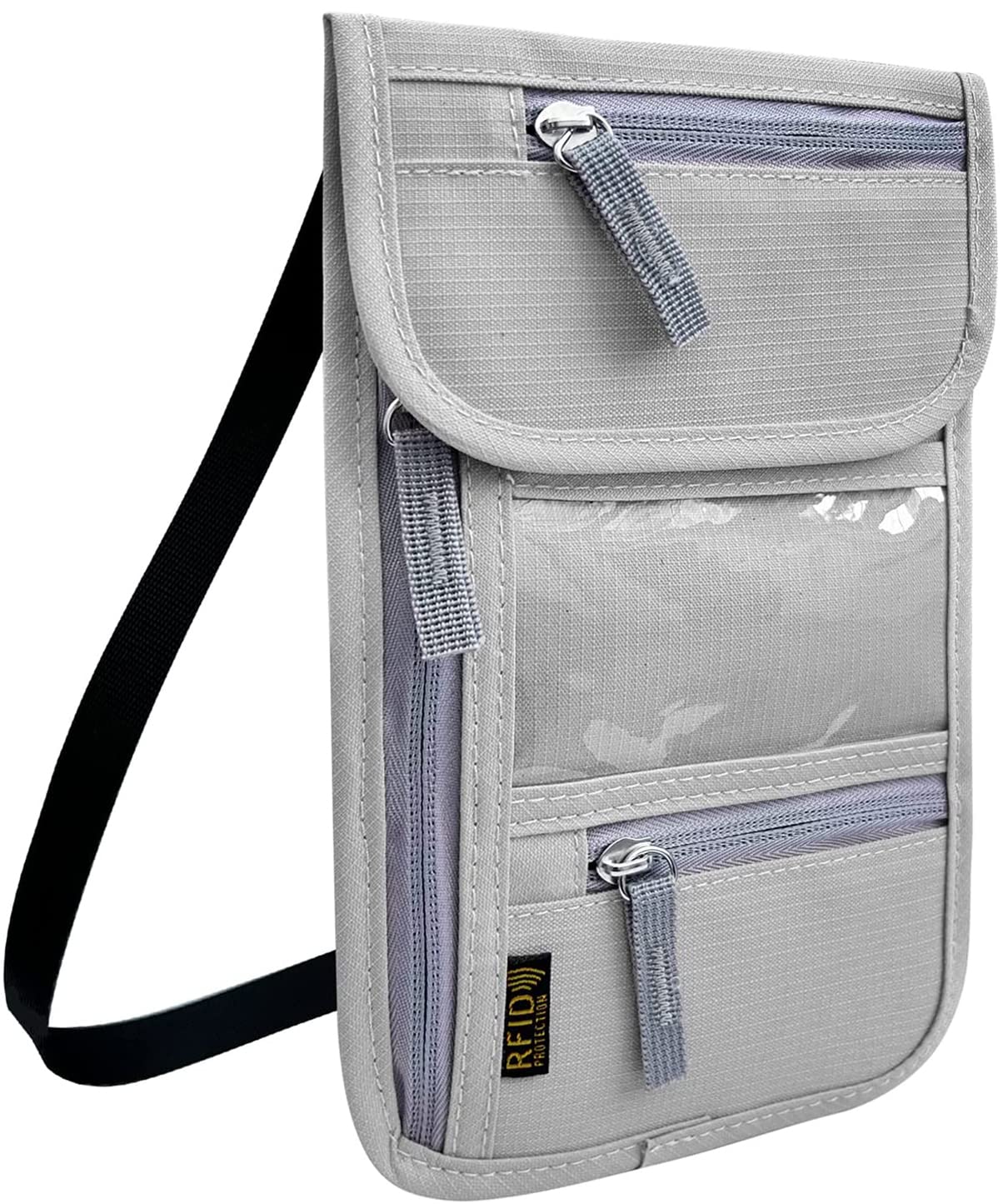 RFID Blocking Travel Neck Wallet - Adjustable Passport Holder for Men & Women to Secure Cash, Credit Cards & Travel Documents - Light Grey - Ideal for Airports, Sightseeing & International Trips