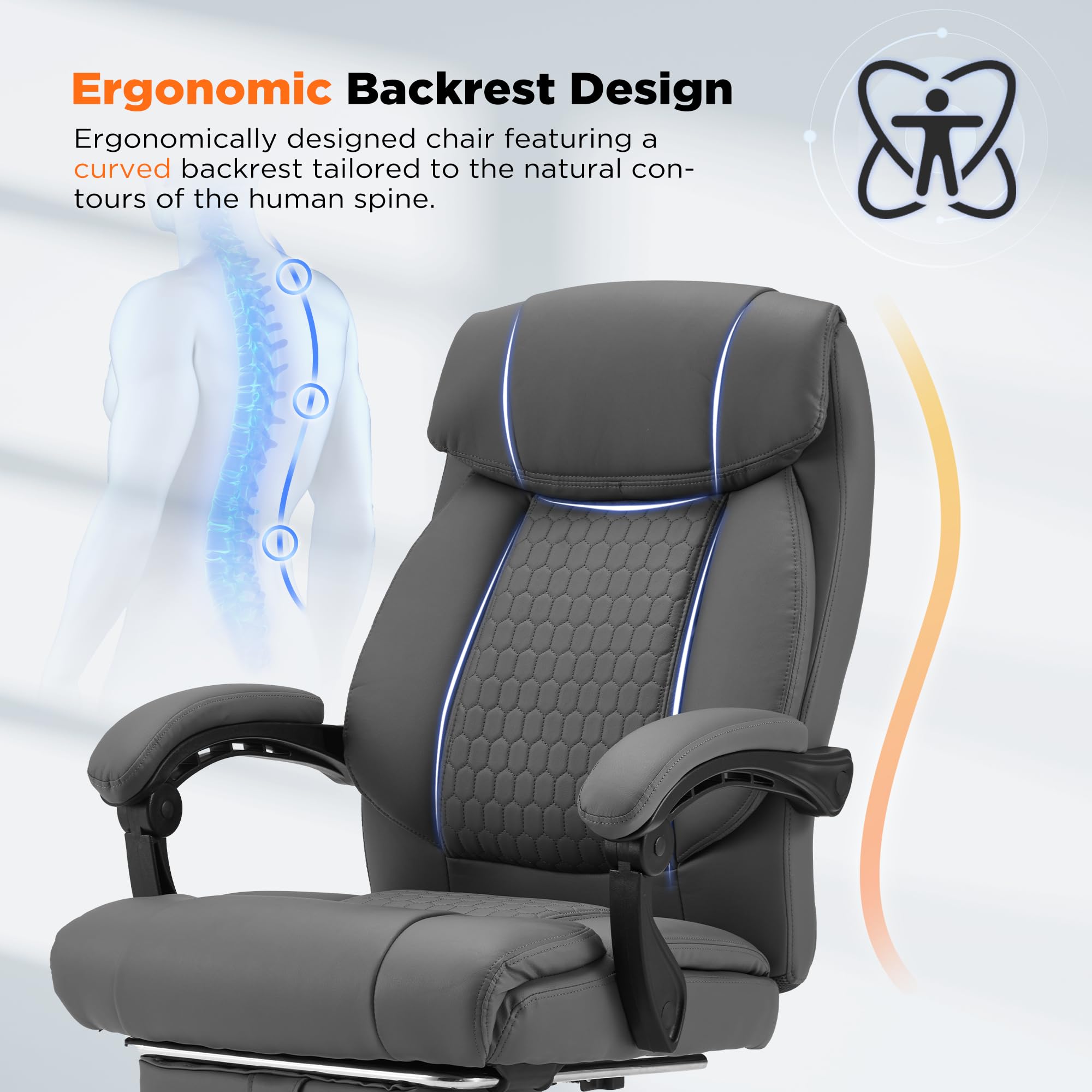HOMREST Ergonomic Reclining Office Chair with 4-Point Massage & Heating - Adjustable Executive Chair with Retractable Footrest - Gray Home Computer Desk Chair for Work, Gaming & Relaxation - Perfect for Home Office, Study & Workspace Comfort