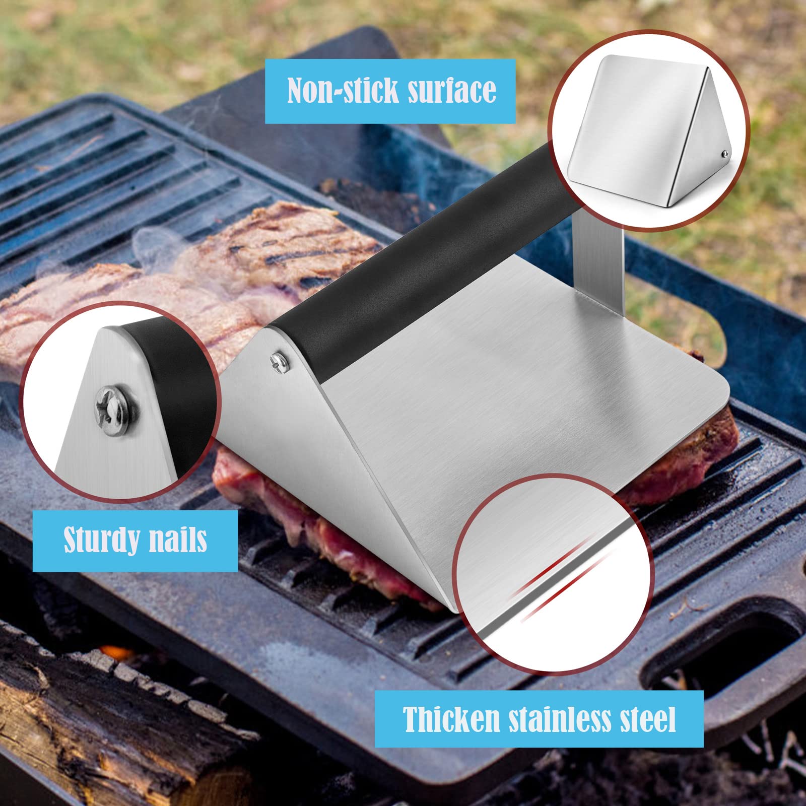 Premium Smash Burger Press - 2-Piece Stainless Steel Bacon & Hamburger Press with Heat-Resistant ABS Handle - Perfect for Flat Top Griddle, Teppanyaki, BBQ Grill, Steak & Sandwich Making - Non-Stick & Dishwasher Safe - Ideal for Home Kitchens, Restaurants & Outdoor Cooking