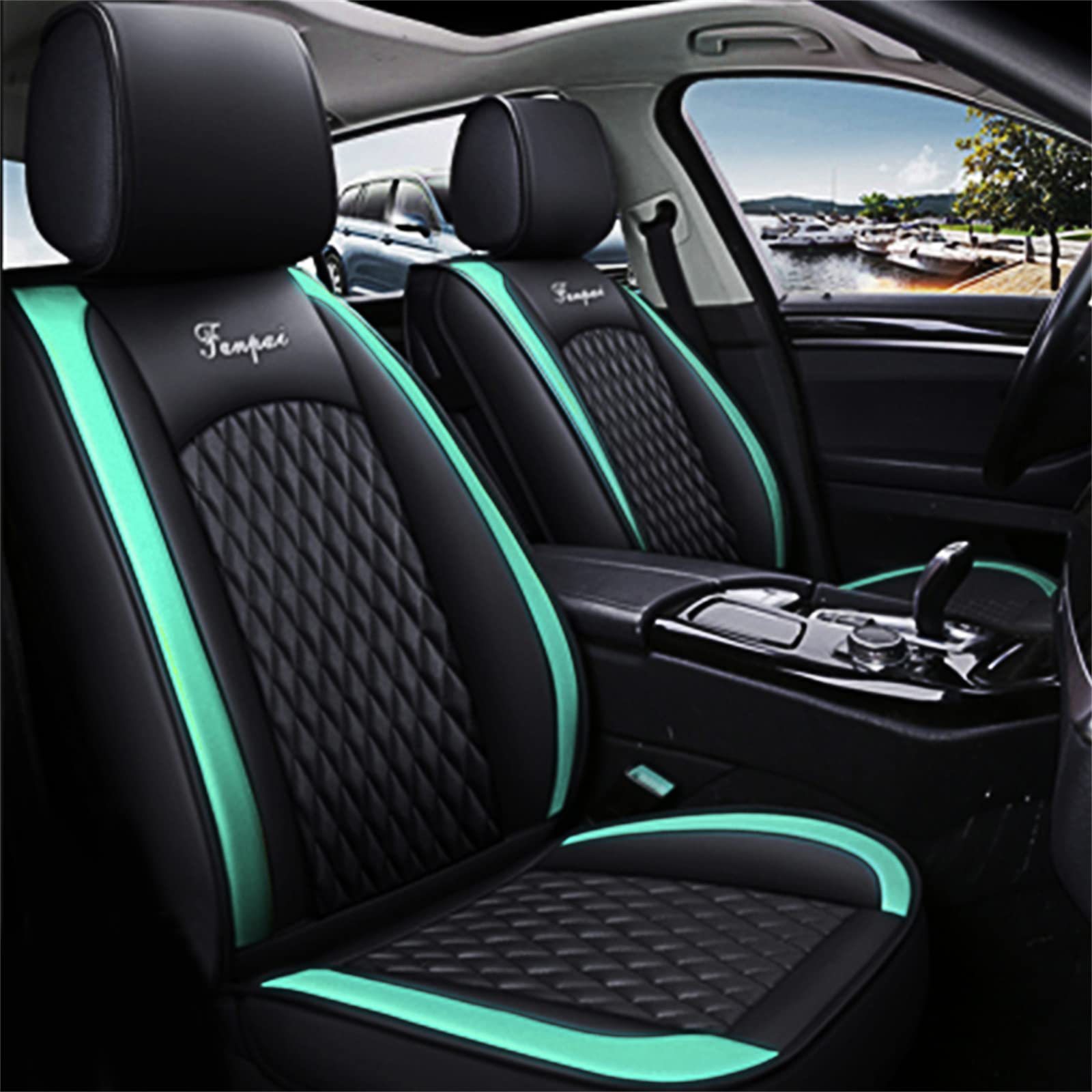 Waterproof Leather Car Seat Covers Full Set for Kia Soul EV 2015-2019 - Front & Rear Seat Protectors, Black & Green (CT08) | Perfect for Daily Commuting, Road Trips & Pet Protection