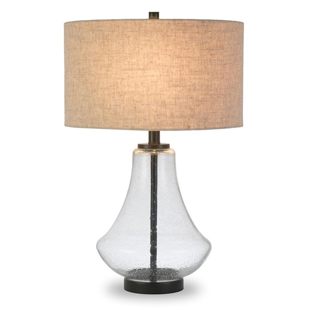 Pemberly Row Modern Farmhouse Brushed Brass Table Lamp with Seeded Glass Shade - Elegant Lighting for Living Room, Bedroom & Office Decor