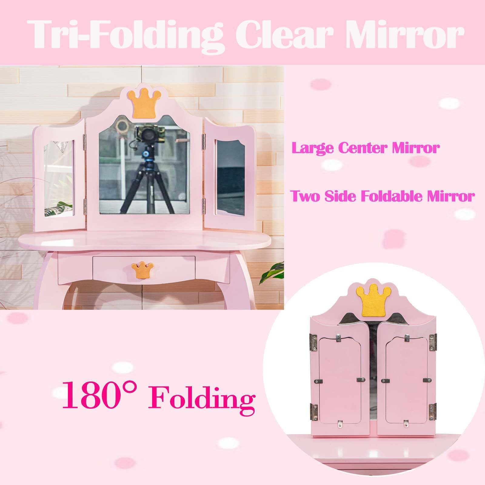 GAOMON Kids Vanity Table with Tri-Fold Mirror, Stool & Storage Drawer - 2-in-1 Wooden Princess Makeup Dressing Desk for Girls, Toddler Pretend Play Vanity Set - Perfect for Bedroom Decor & Imaginative Playtime