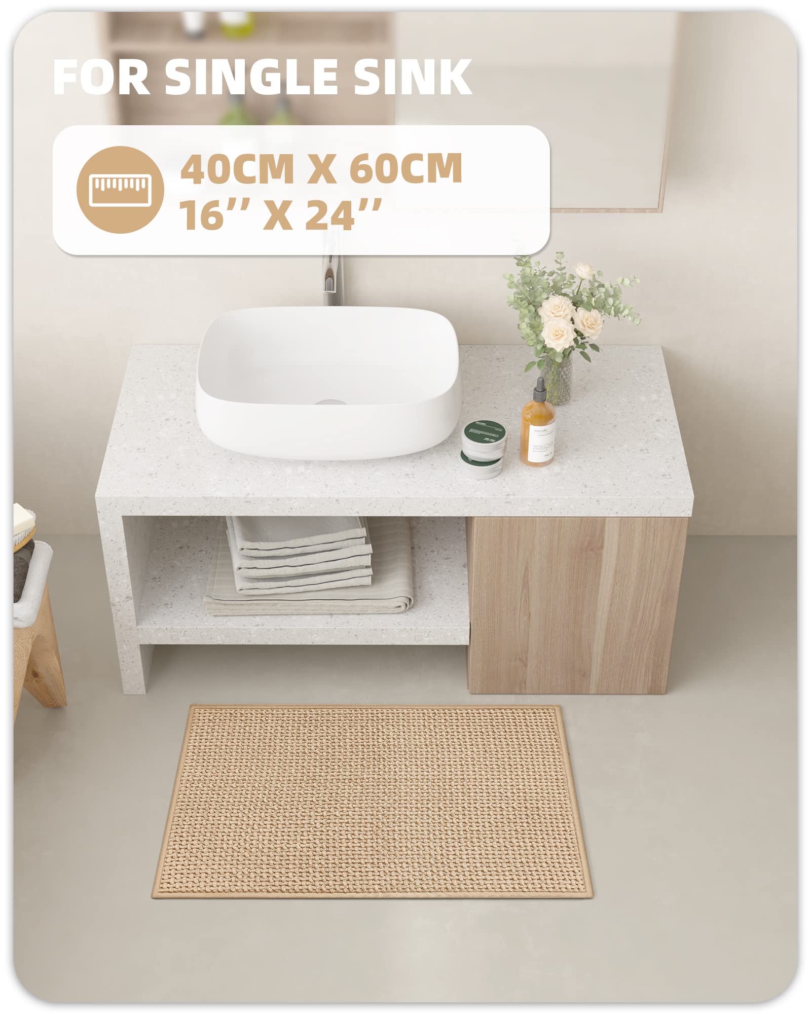 Non-Slip Chenille Bath Mat 40x60cm - Ultra Absorbent Soft Bathroom Rug, Washable Shower Mat for Bathroom, Toilet & Bathtub - Perfect for Wet Floors & Safe Exit (Beige)