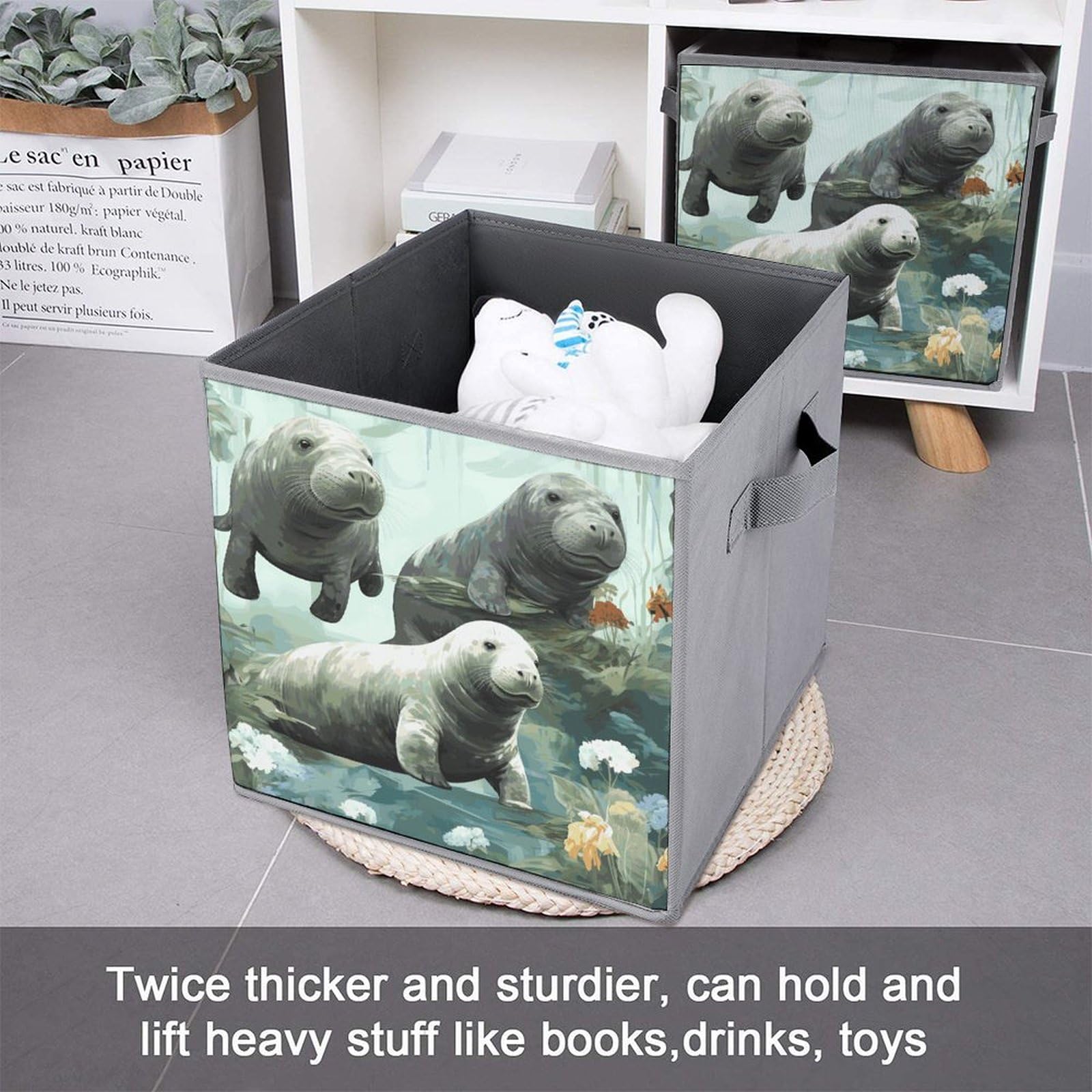 6-Piece Collapsible Storage Bins with Handles - Cute Rabbit & Manatee Printed Foldable Organizing Baskets for Home, Closet, Shelves & Office Storage Solutions | Space-Saving Home Organization for Toys, Books & Clothes