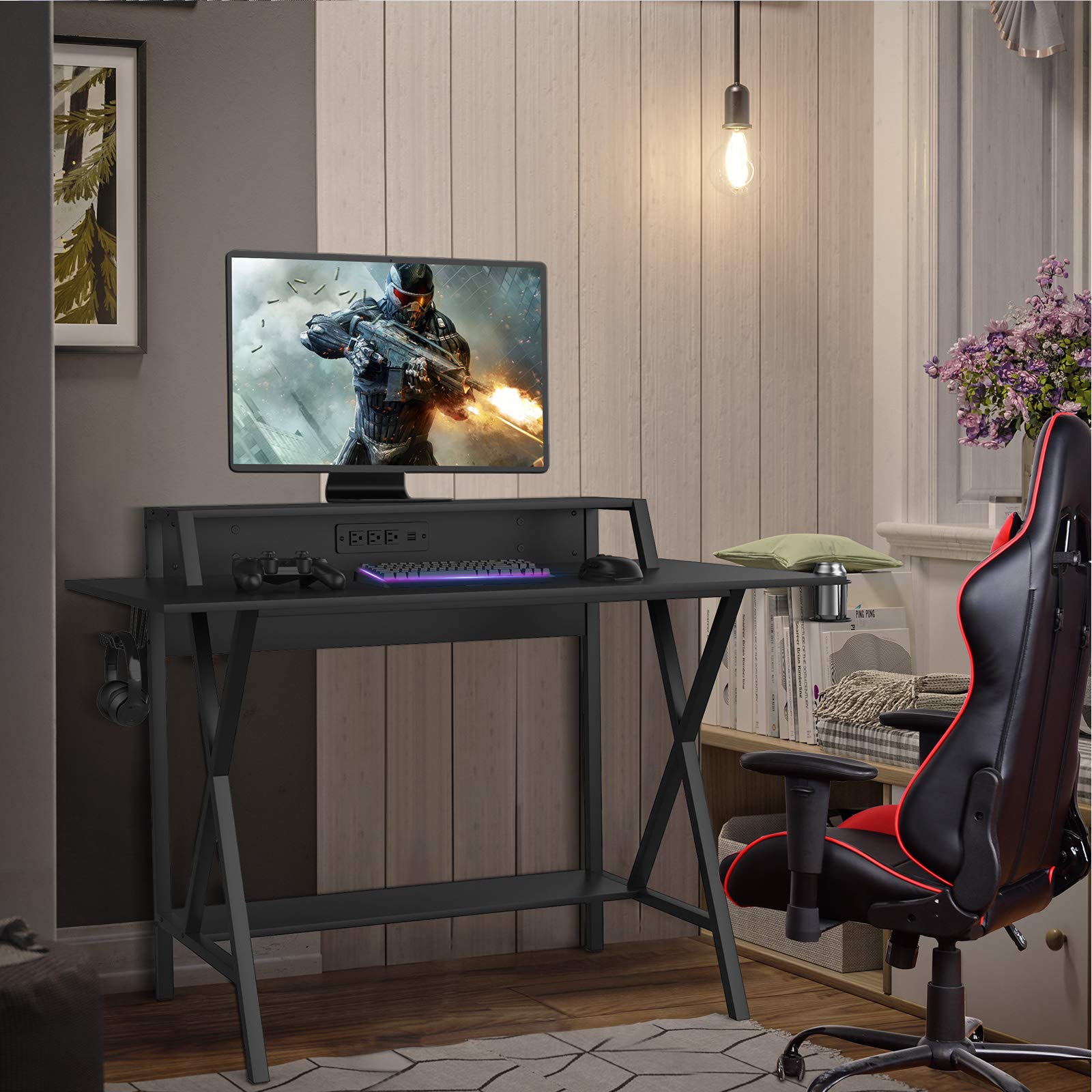 PowerStone 48 Inch Gaming Desk with Carbon Fiber Surface - Ergonomic Computer Desk for Gaming & Office Work - Includes Monitor Stand, USB Power Strip, Cup Holder & Headphone Hook - Perfect for PC Gamers & Home Office Setup (Black)