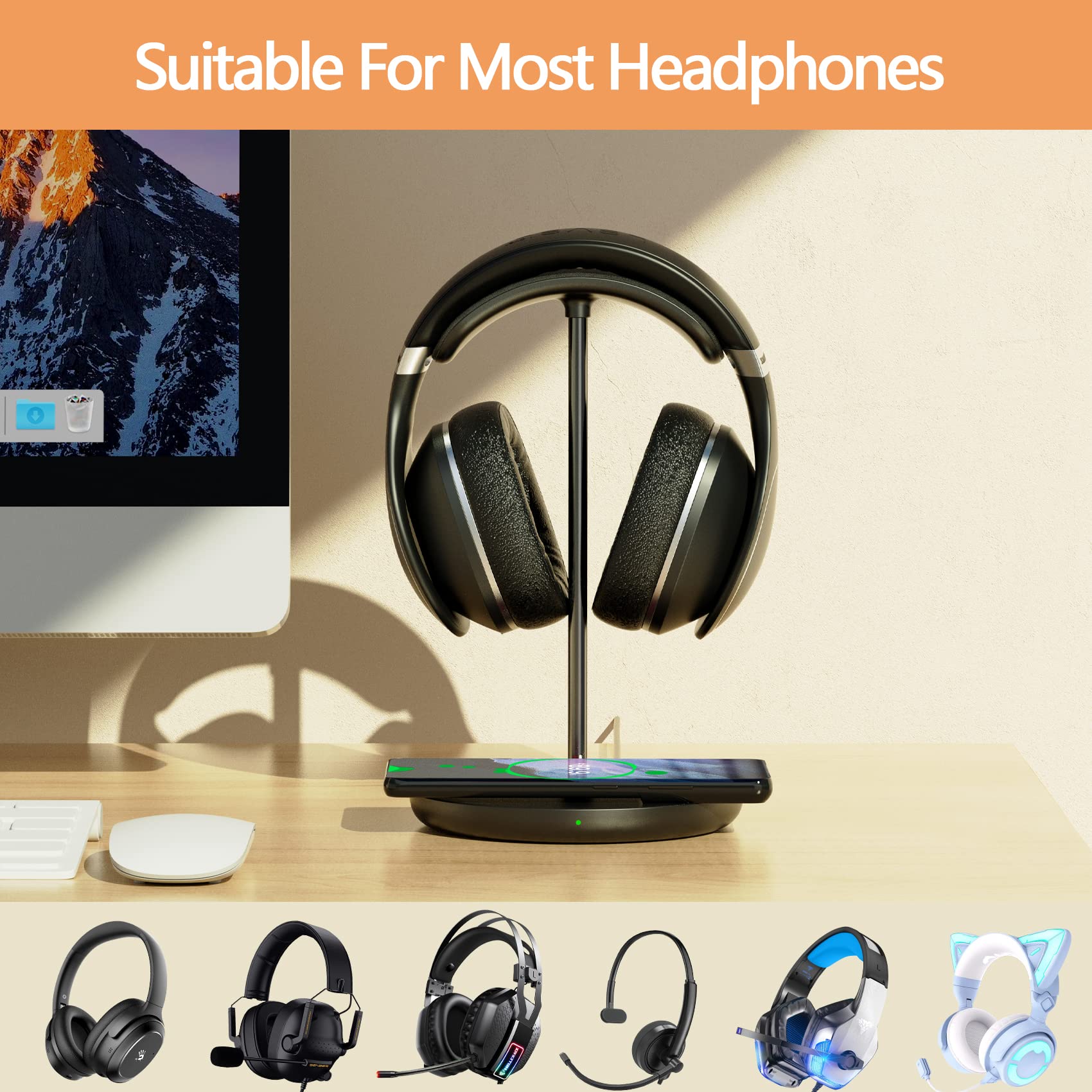2-in-1 Wireless Charging Headphone Stand - Compatible with iPhone 15/14/13/12/11, Samsung, AirPods Pro/3/2 & All Gaming Headsets | Desktop Organizer with Fast Charging Dock for Office, Gaming Setup & Home Decor (Black)