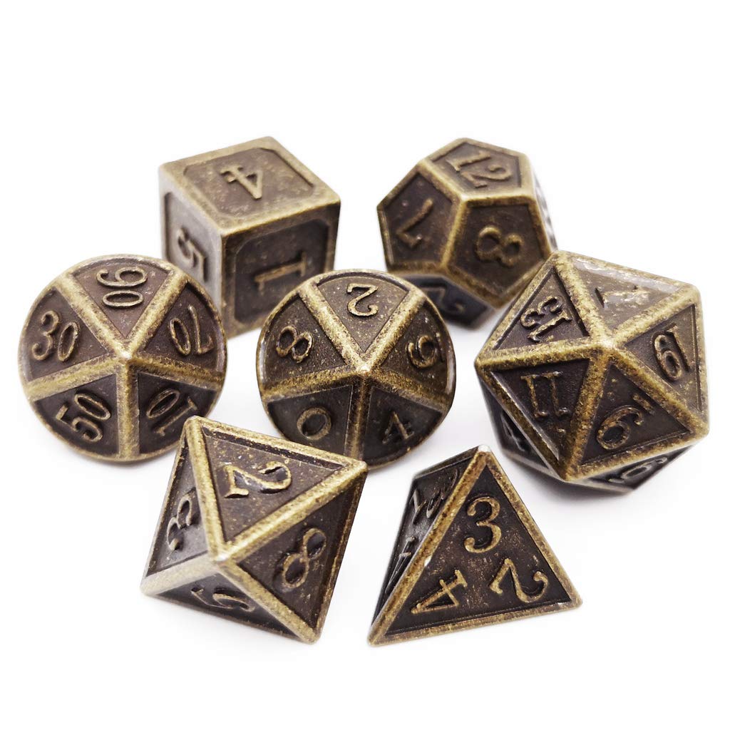 Haxtec 7PCS DND Metal Dice Set - D20, D12, D10, D8, D6, D4 for Dungeons and Dragons RPG Tabletop Games - Antique Bronze Dice for D&D Players, Collectors & Gift Giving