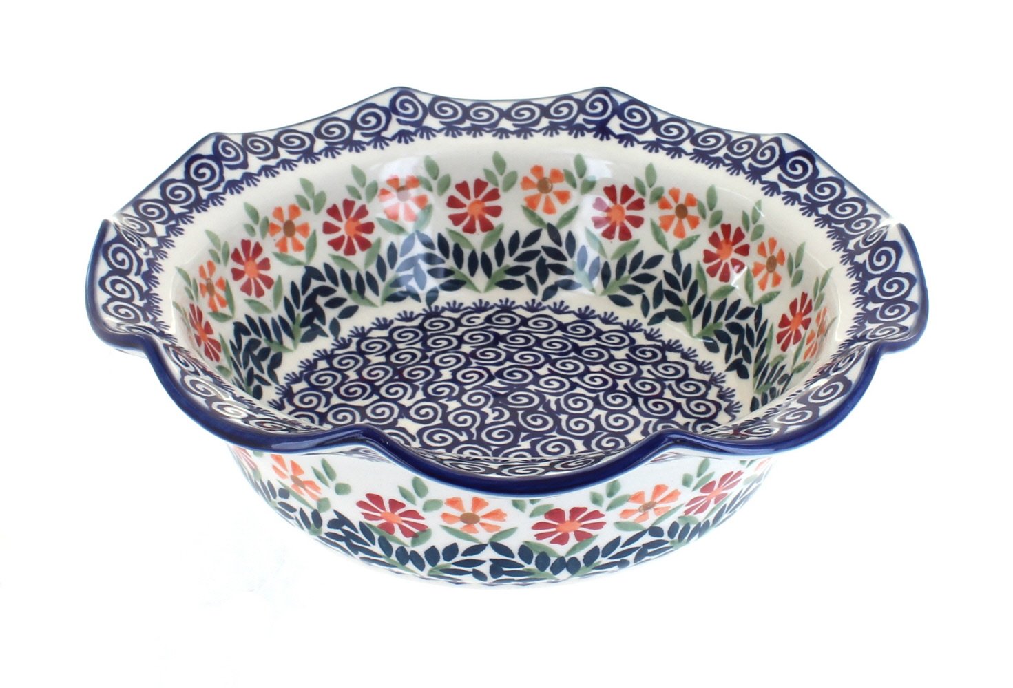 Blue Rose Polish Pottery Scalloped Bowl - Handcrafted Floral Design Serving Bowl for Salad, Pasta, Fruit | Perfect for Dining, Entertaining & Farmhouse Decor