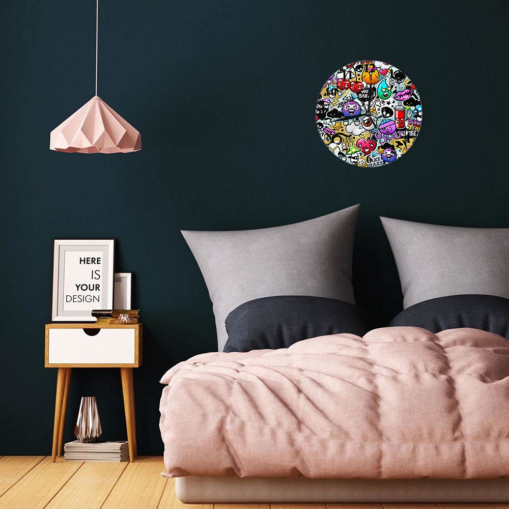 WONDERTIFY 10 Inch Silent Non-Ticking Graffiti Wall Clock with Bizarre Elements - Unique Battery Operated Round Wall Clock for Living Room, Bedroom & Office Decor