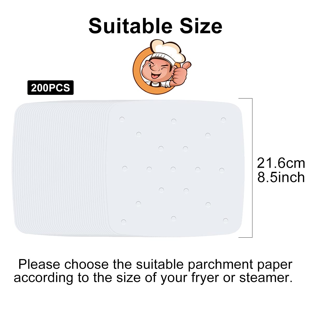 200PCS Air Fryer Parchment Paper - Perforated Steam Paper for Air Fryer, Steaming Basket, Baking & Oven - 8.5 Inch Square White Bamboo Steamer Paper - Perfect for Healthy Cooking, Meal Prep & Party Snacks