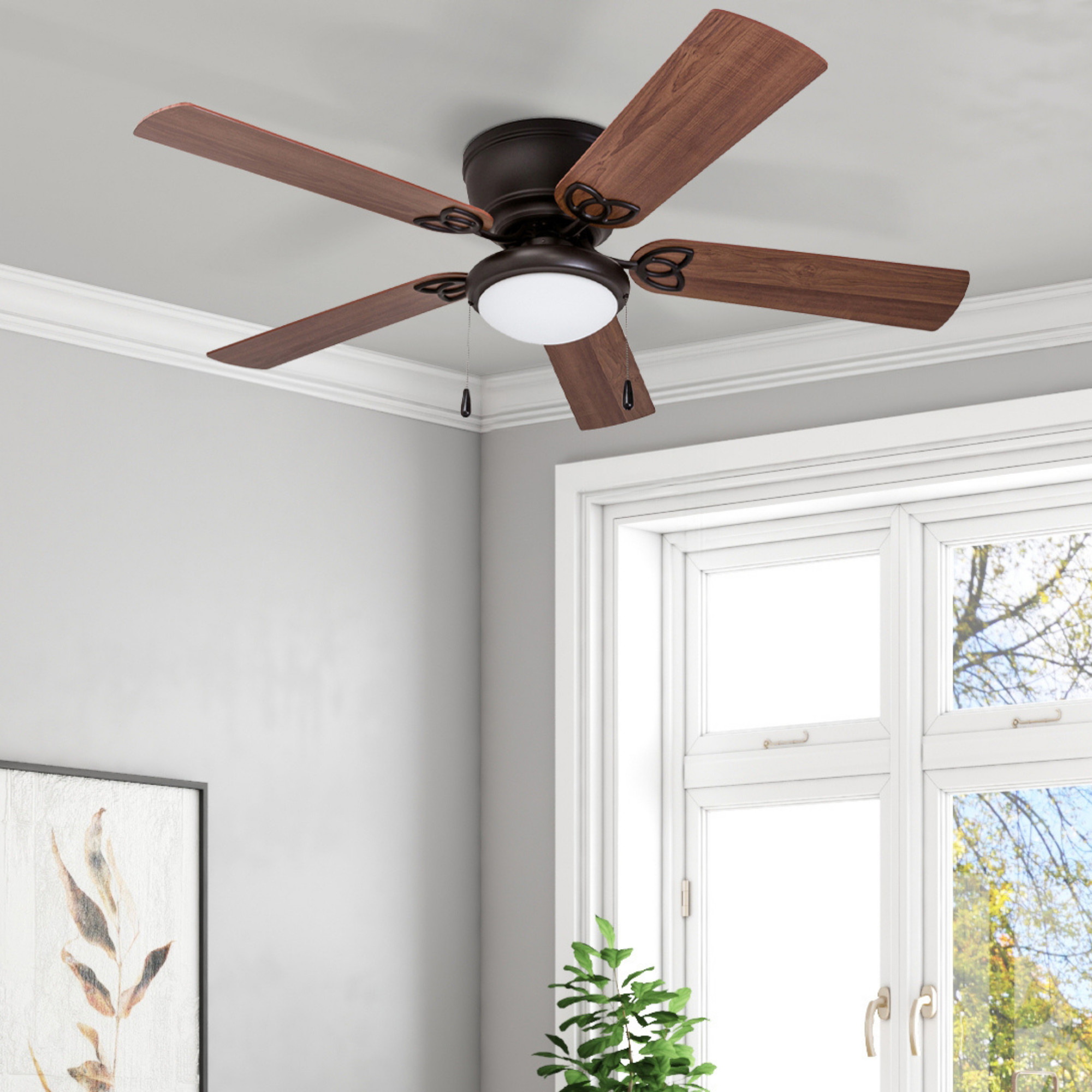 52 Inch Bronze Ceiling Fan with Pull Chain - Modern Indoor Cooling Fan for Living Room, Bedroom, and Office