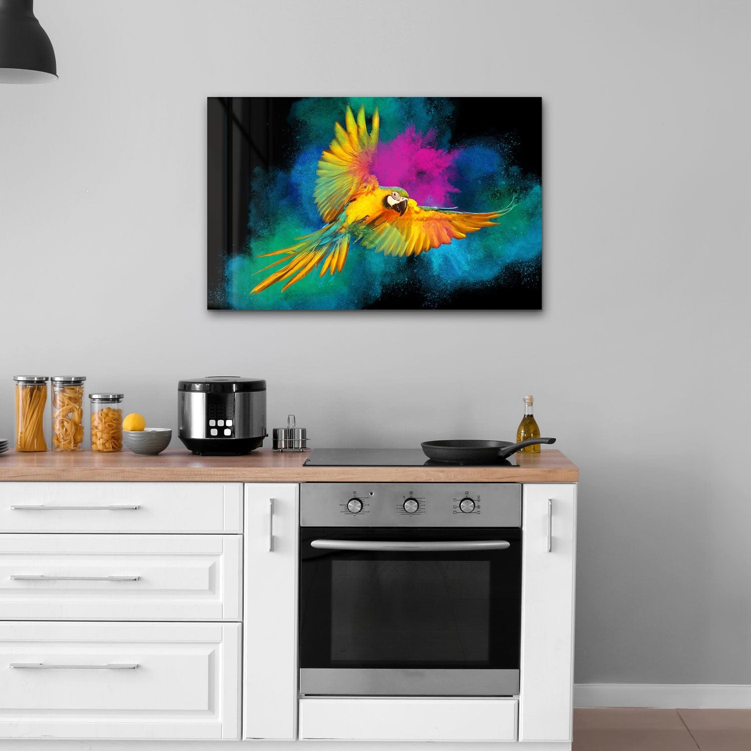 Rainbow Parrot Tempered Glass Wall Art - Vibrant Home Decor for Living Room, Bedroom & Office - Shatterproof Glass Painting for Modern Interior Design
