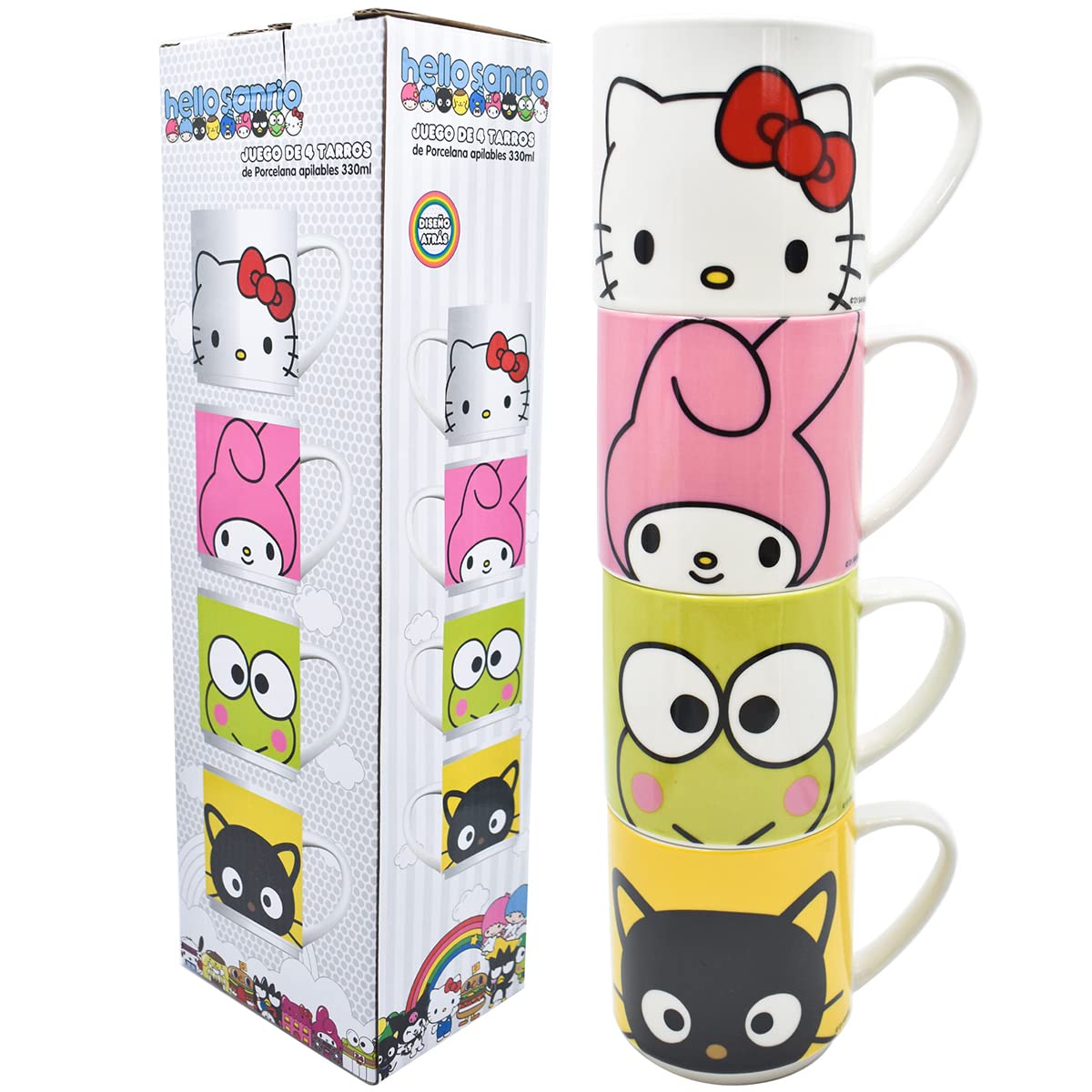Hello Kitty Sanrio Stackable Porcelain Coffee Mugs Set of 4 - 330ml Multicolor Ceramic Tea Cups for Home, Office & Gift - Kawaii Anime Drinkware Collection for Hot Beverages, Milk & Desserts
