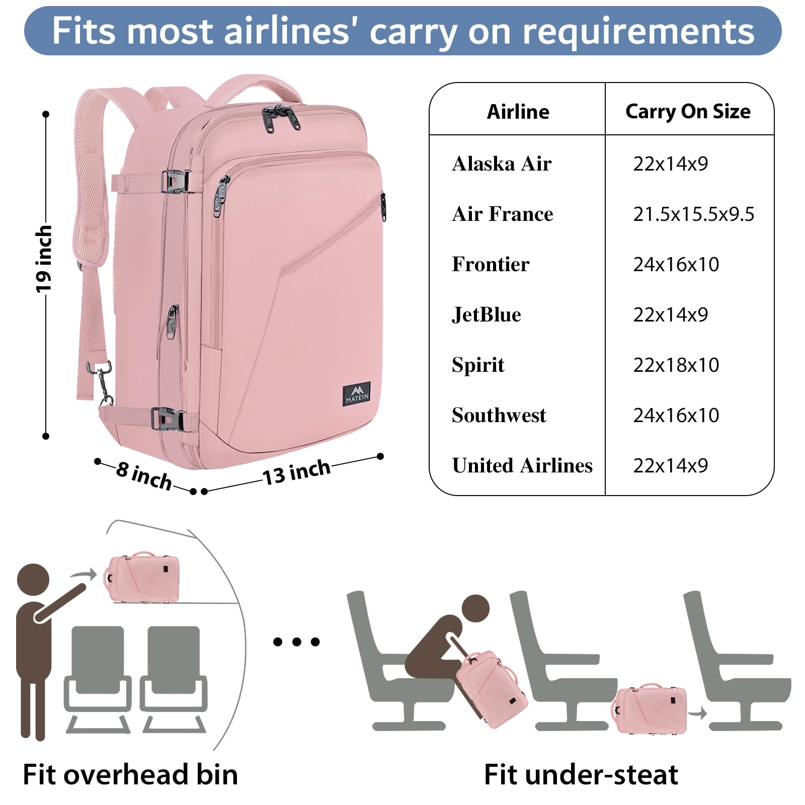 Matein Pink Travel Backpack for Women - Large Airline Approved Expandable Carry On Backpack (35L) | Convertible Weekender Bag for Hiking, Gym & Sports | Perfect Gift for Travelers | Ideal for Air Travel, Outdoor Adventures & Daily Commute