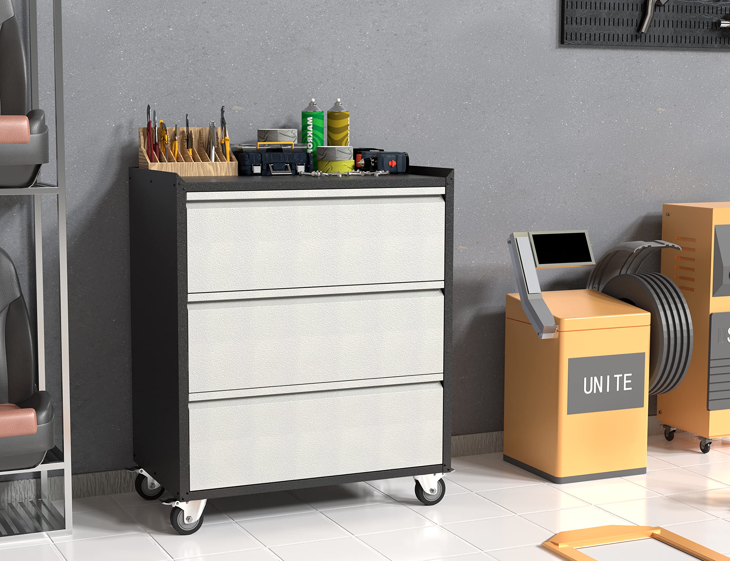 Aobabo 3-Drawer Rolling Tool Chest - Heavy-Duty Metal Garage Storage Cabinet with Wheels, Black/Gray (Assembly Required) - Perfect for Workshop, Garage & Home Organization
