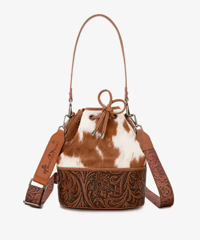 Montana West Genuine Cowhide Tooled Leather Bucket Bag for Women - Western Style Handbag for Everyday Use, Travel & Country Events