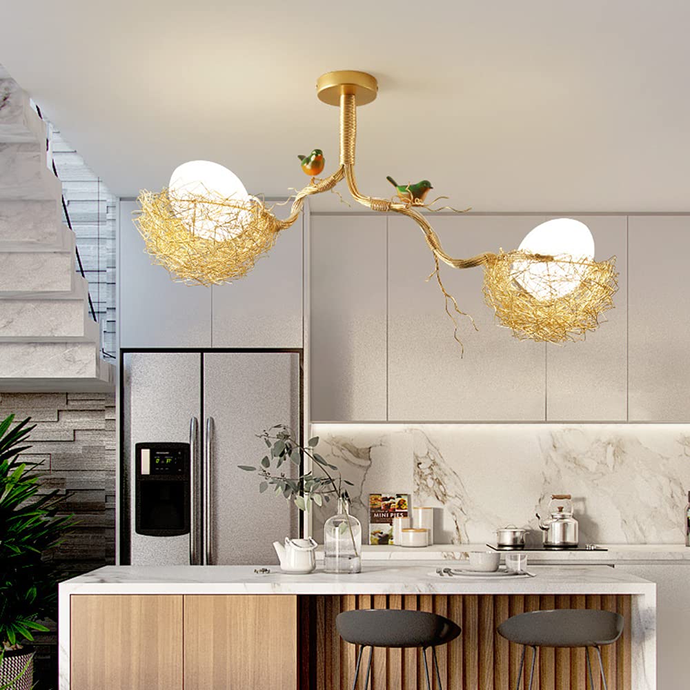 Modern Birds Chandelier - 2-Light Wire Nest Ceiling Pendant Lamp with Glass Egg Globes, Vintage Style Hanging Light Fixture for Living Room, Bedroom, Dining Room & Nursery Decor