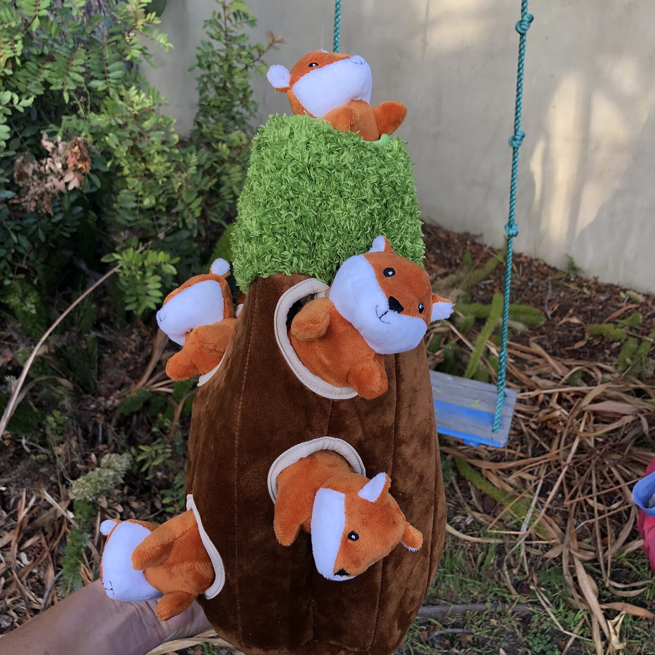 Interactive Plush Fox Hide and Seek Dog Toy with Squeaker - Fun Burrow Game for Small & Medium Dogs | Fox in Tree Trunk Design for Indoor Play & Training