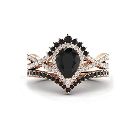 Natural Black Onyx & CZ Diamond Ring in 18K Rose Gold Micron - Pear Shaped Gemstone Ring for Women - 925 Sterling Silver Rose Gold Jewelry - Valentine's Day Gift Idea - Elegant Black Diamond Ring for Evening Wear & Special Occasions