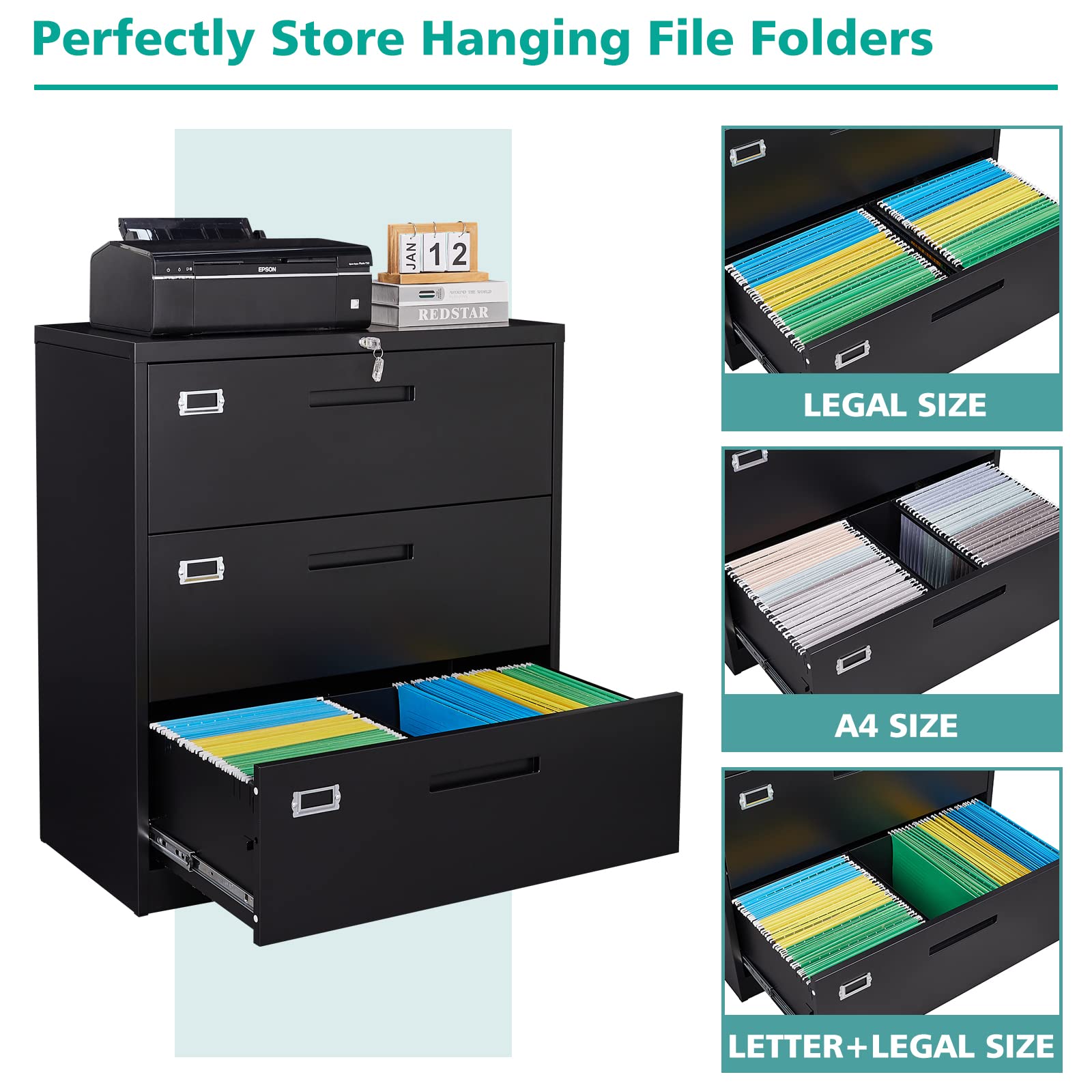 MIIIKO 3-Drawer Lateral File Cabinet with Lock - Metal Storage Cabinet for Letter, Legal, F4 & A4 Hanging Files - Secure Office Organization for Documents, Contracts & Records - Perfect for Home Office, Business & Professional Workspaces
